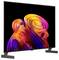 Flatscreen-tv met kleurrijke abstracte wervelingen op een zwart scherm, geplaatst op een standaard tegen een witte achtergrond.