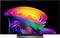 Platte schermtelevisie met een levendige abstracte regenboogwerveling op een zwarte achtergrond, gecentreerd op het scherm.