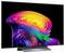 Een flatscreen-televisie die een levendige abstracte regenboogwerveling op een zwarte achtergrond weergeeft.