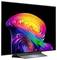Een flatscreen-tv met een kleurig abstract wervelpatroon op een zwart scherm, onder een hoek op een standaard weergegeven.