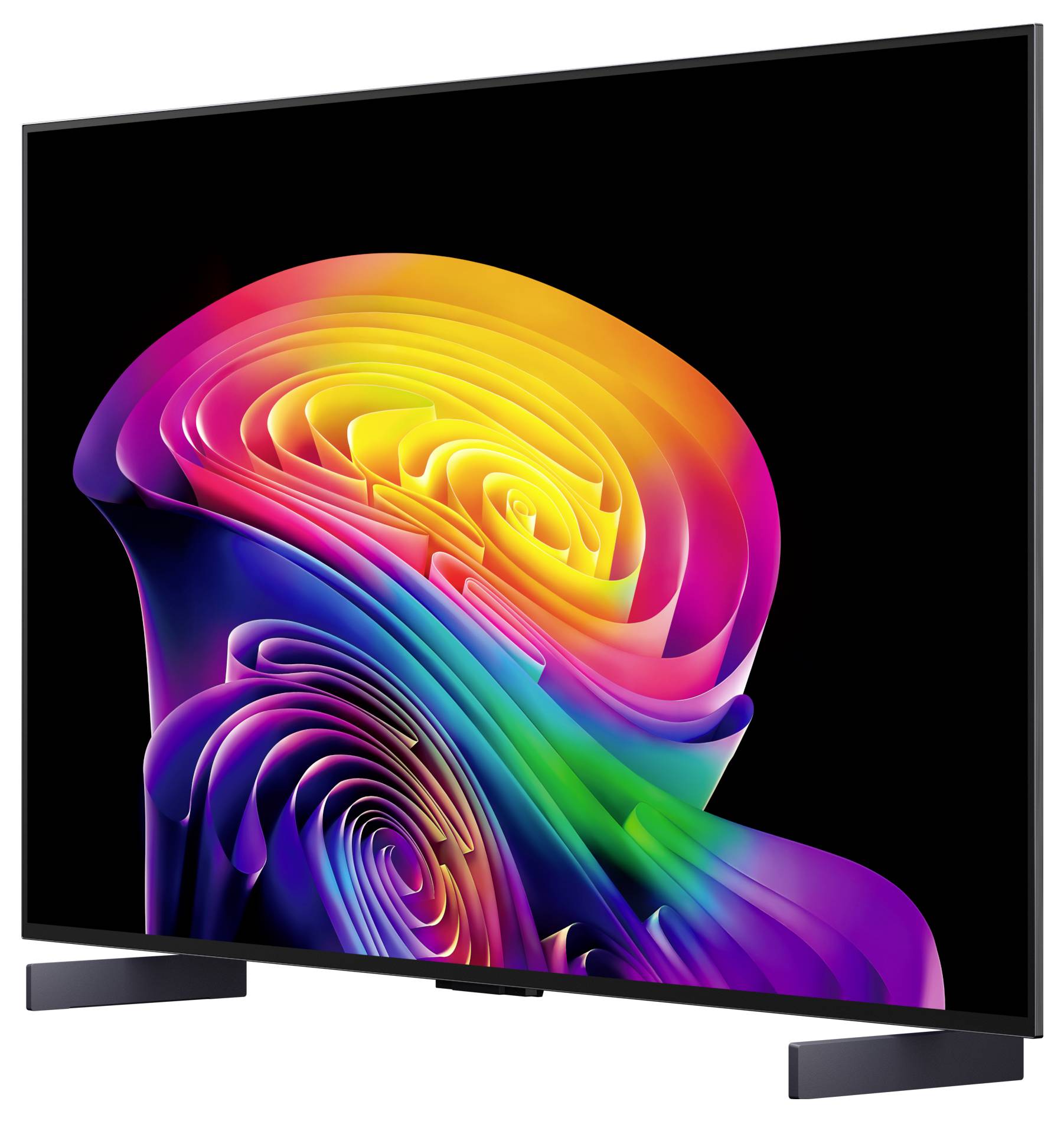Flat-screen televisie met een levendige abstracte regenboogwerveling op zwarte achtergrond, getoond onder een hoek op twee donkere voeten.