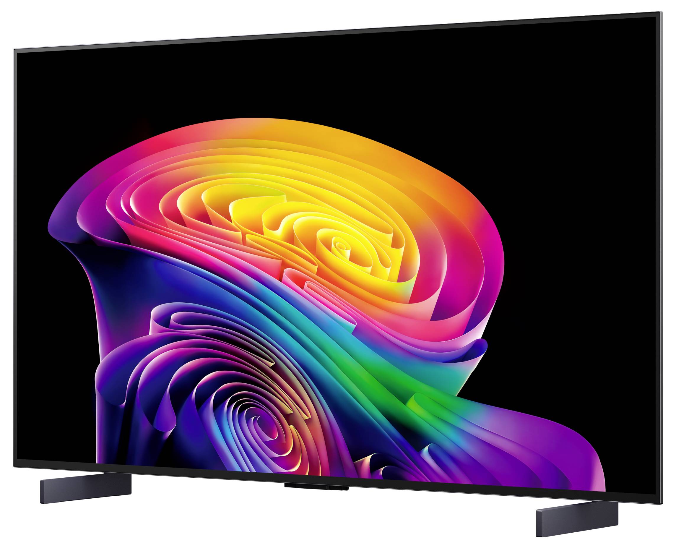 Een flatscreen-tv die een levendige abstracte neonroze, gele, blauwe, groene en paarse wervelwind op een zwarte achtergrond weergeeft.