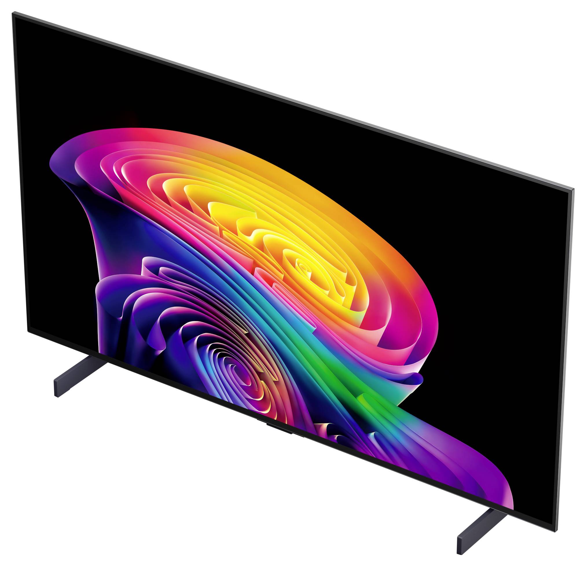 Een slanke flatscreen-tv tegen een witte achtergrond toont een levendige abstracte regenboogwerveling op een zwart scherm, weergegeven vanuit een schuin perspectief.