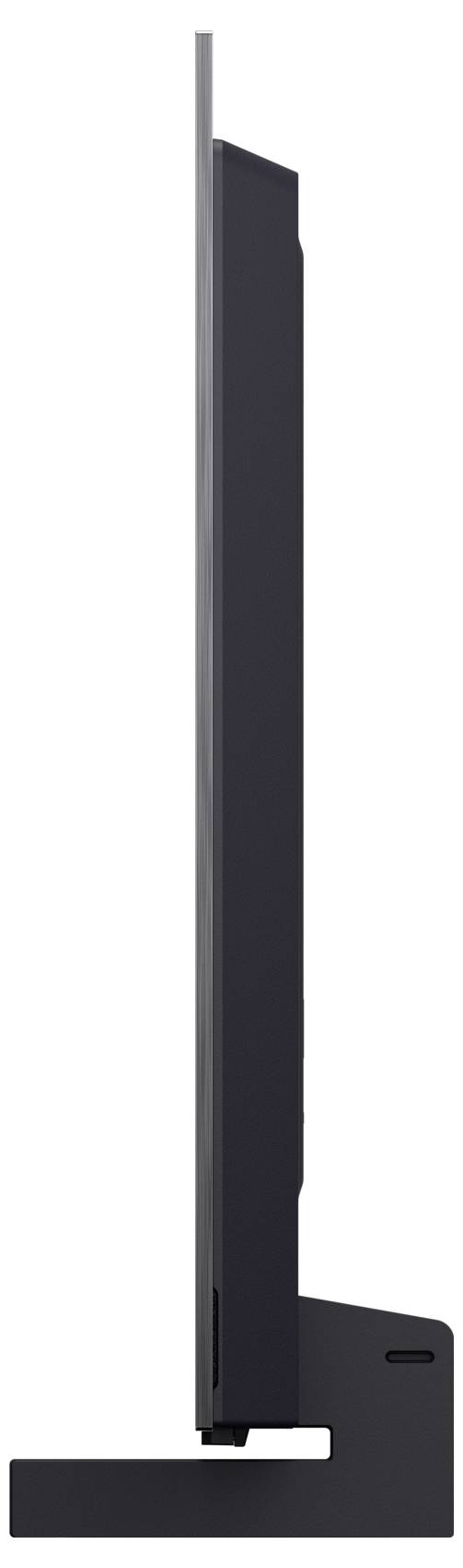 Zijkant van een slanke zwarte platte beeldscherm op een rechthoekige standaard, toont het profiel van de monitor en de basis.