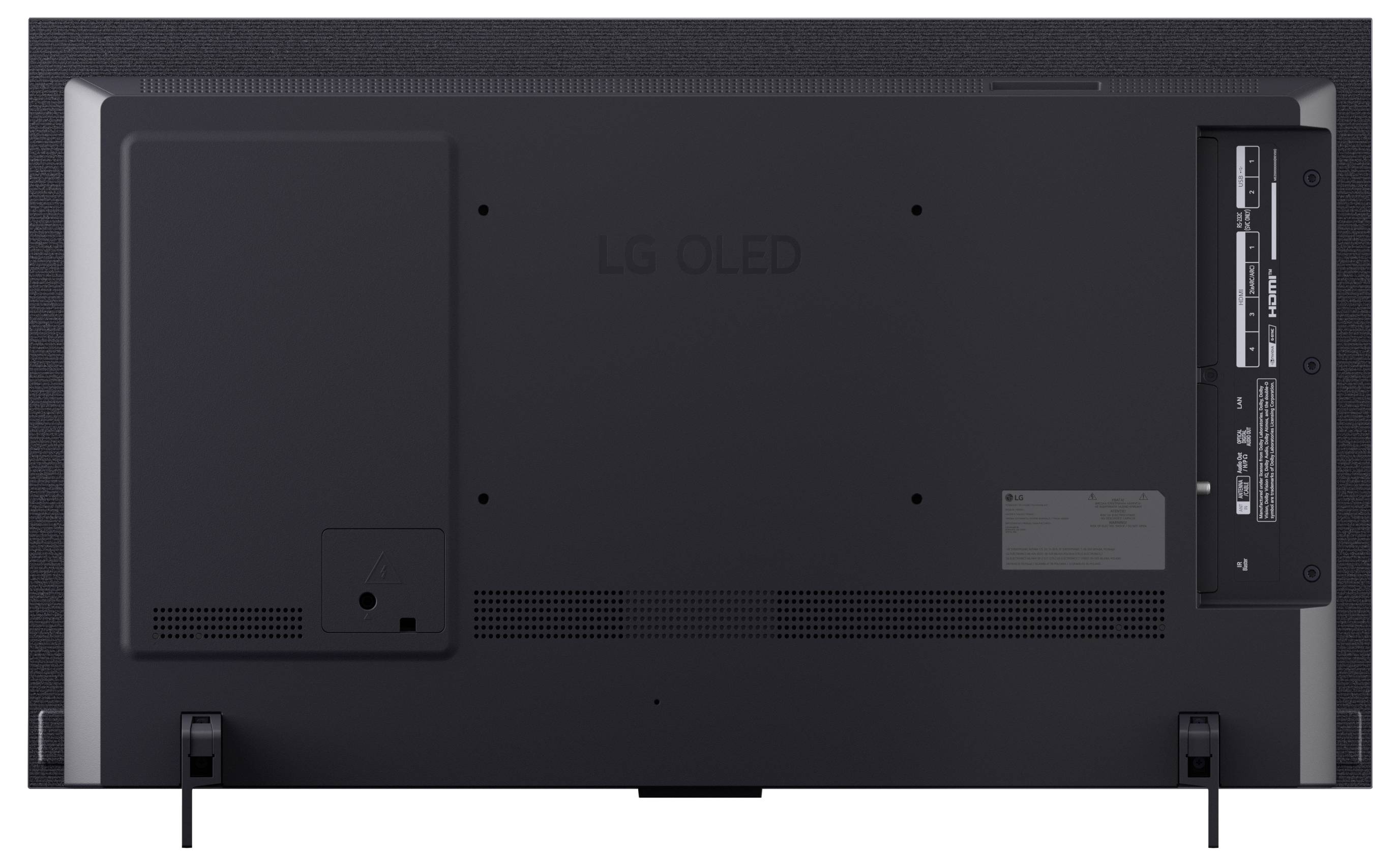 Achteraanzicht van een LG OLED-televisie met het achterpaneel, poorten, kabelbeheersgebieden en standaardbevestigingen.