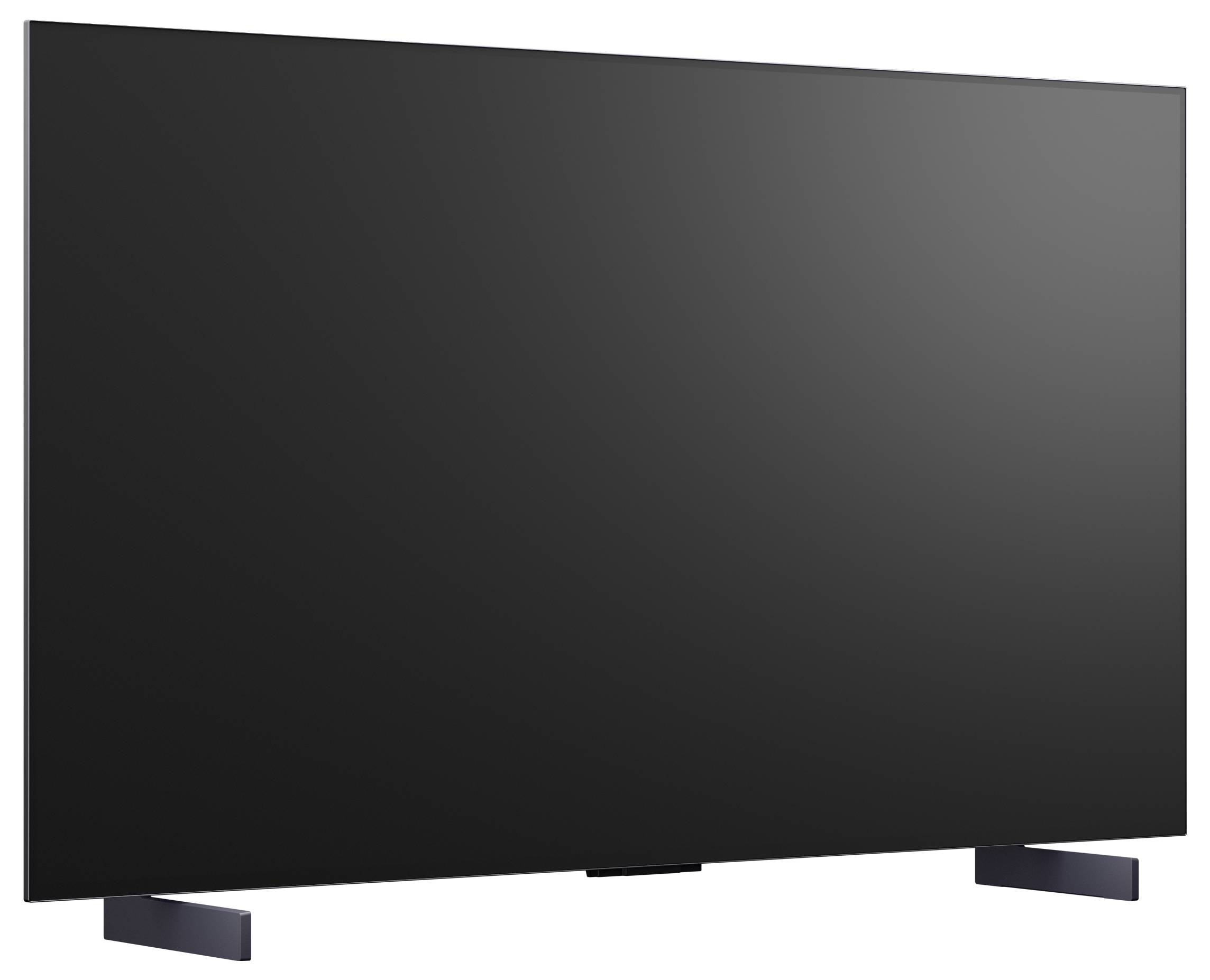 Vooraanzicht van een grote flatscreen-tv met een leeg donker scherm en twee hoekige standvoeten.