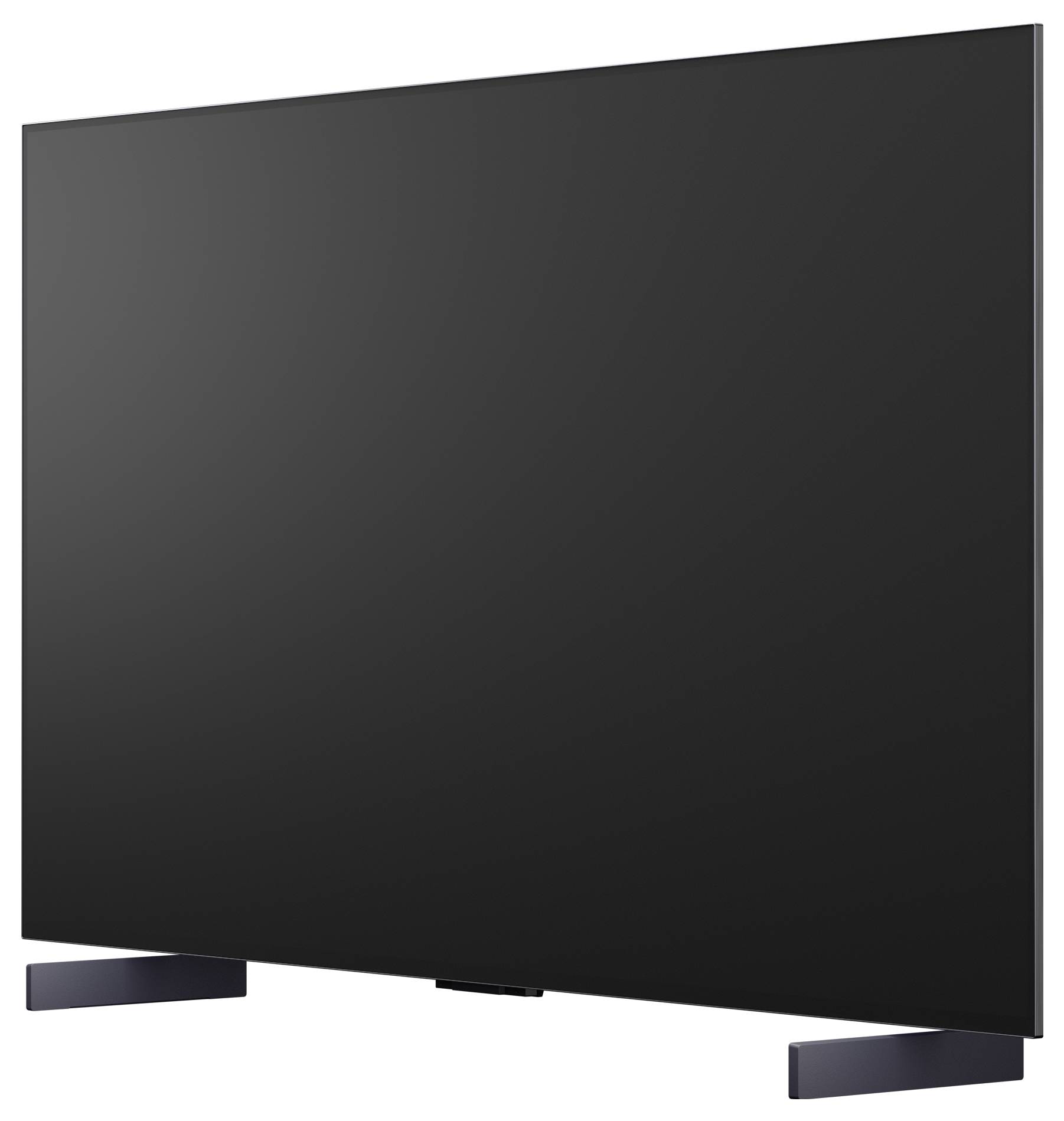 Modern flatscreen televisie met een groot leeg zwart beeldscherm en twee lage voetstukvoeten op een witte achtergrond.
