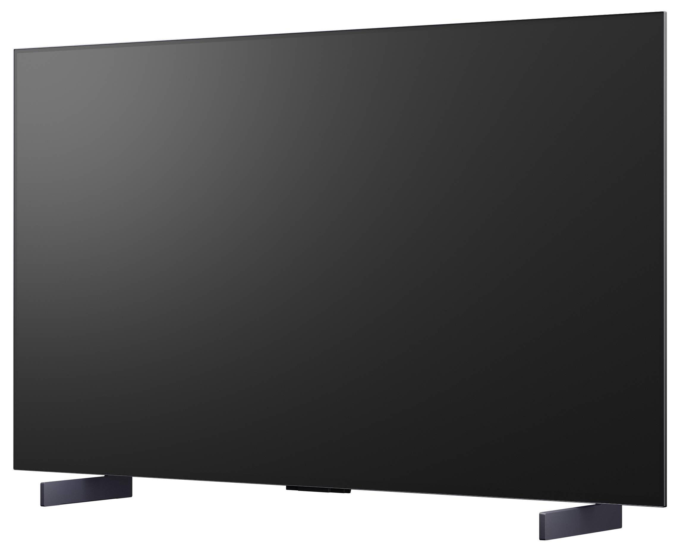 Een grote flatscreen-televisie getoond van voren met een zwart scherm en twee schuine steunpoten.