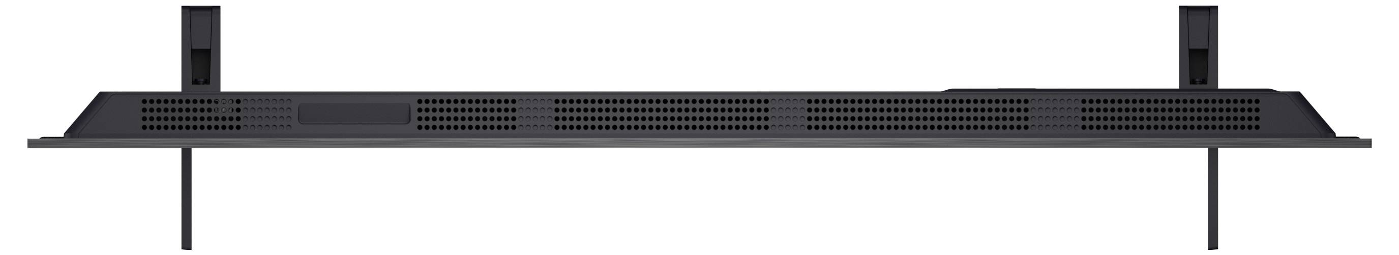 Zwarte rackmount-server voorkant met ventilatierooster, twee verticale palen en dunne steunpoten op een witte achtergrond