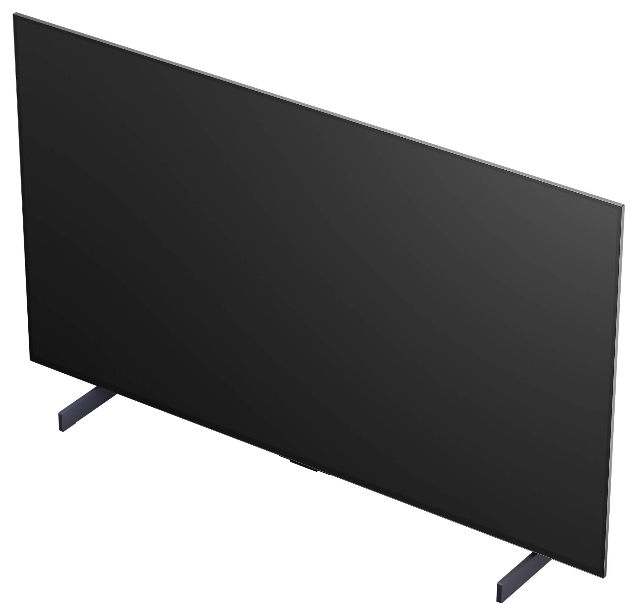 Zwart flatscreen televisietoestel weergegeven onder een hoek op twee standaardpoten tegen een effen witte achtergrond.