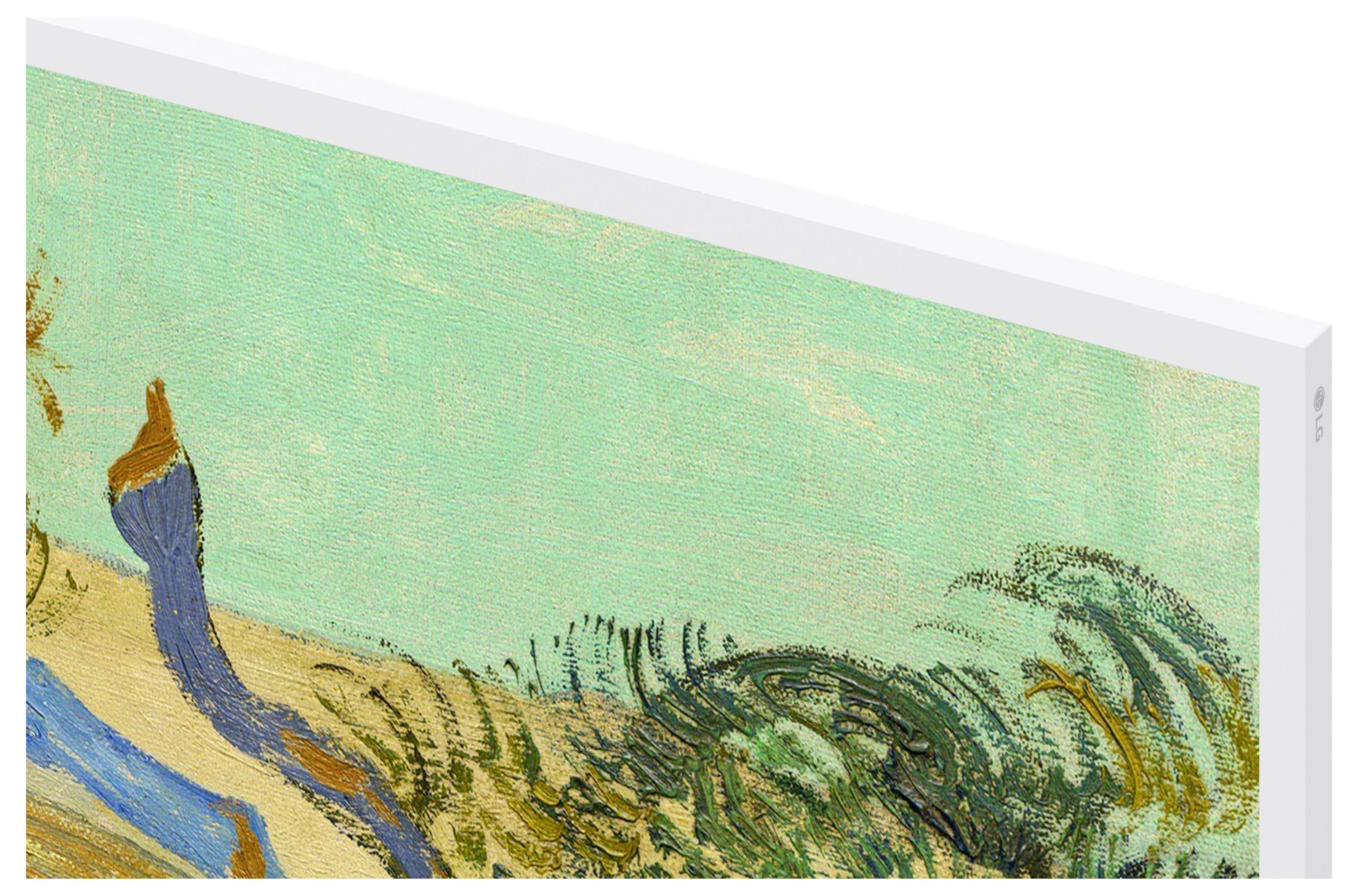 Nahaufnahme van een gestructureerd schilderij op canvas, met abstracte penseelstreken in blauwe, groene, gele en bruine tinten.