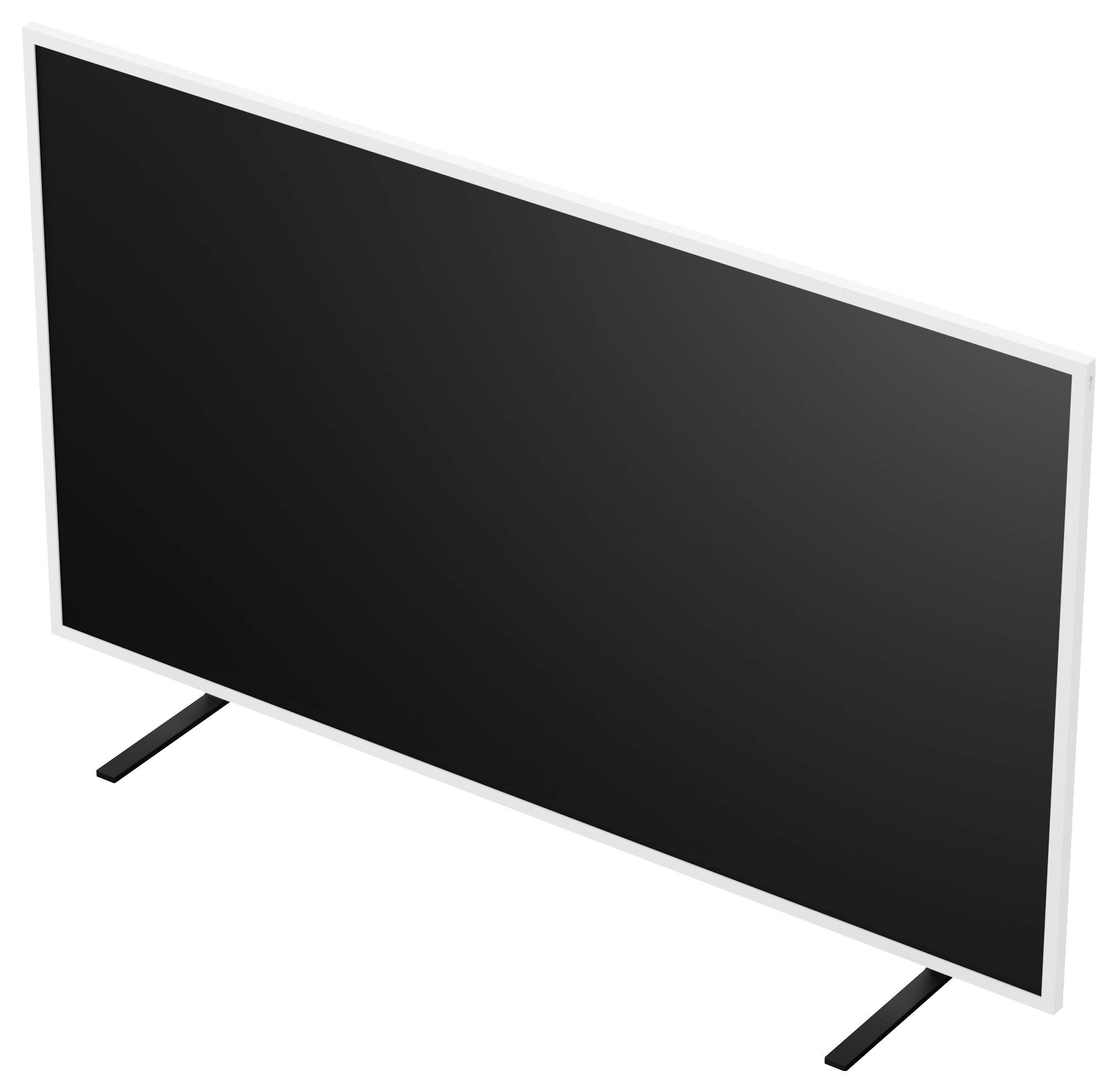 Flatscreen-televisie met een leeg zwart scherm op twee poten, weergegeven onder een hoek op een witte achtergrond.