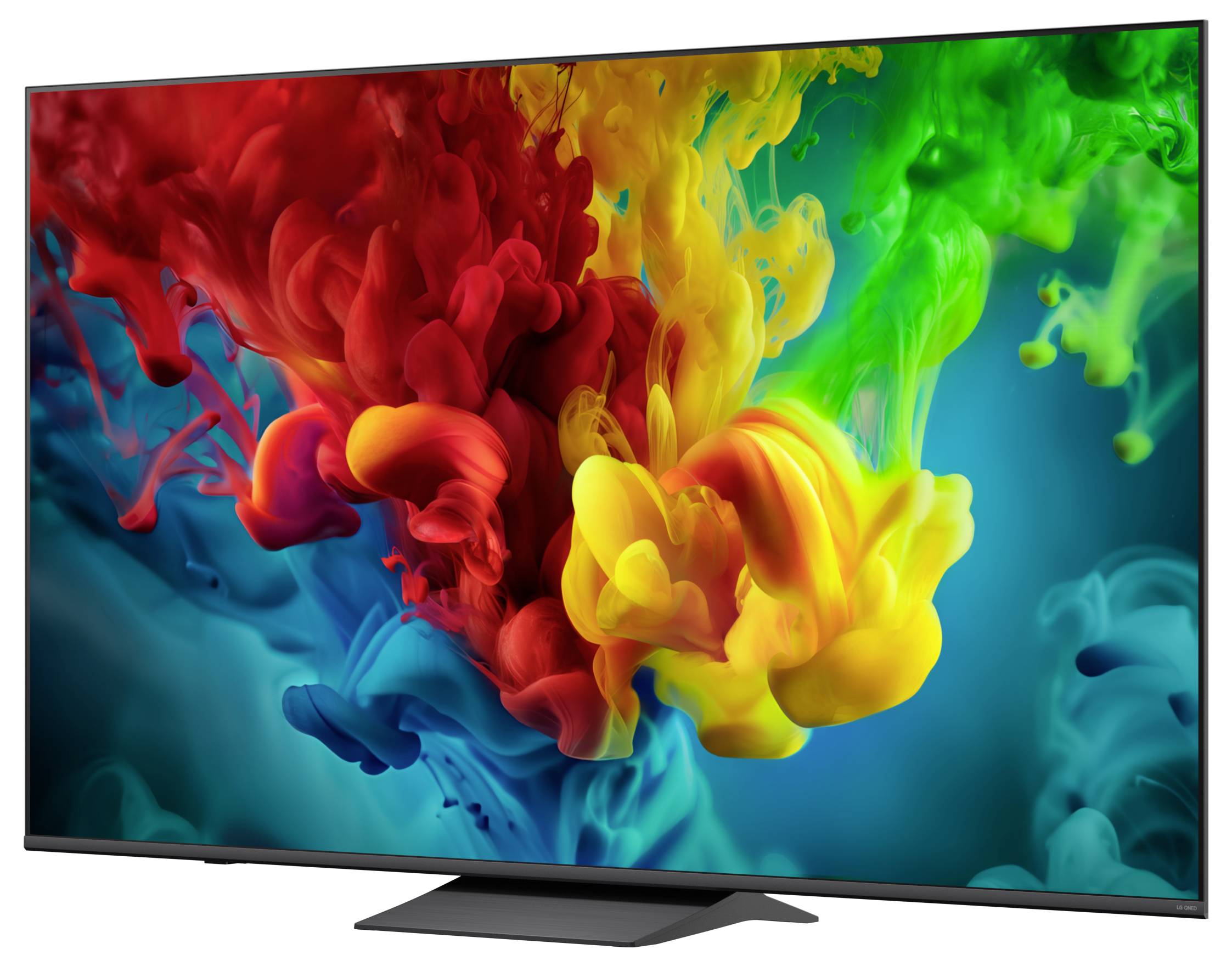 Flat-screen TV die een levendige abstracte uitbarsting van rode, gele, groene en blauwe inkt in water weergeeft.
