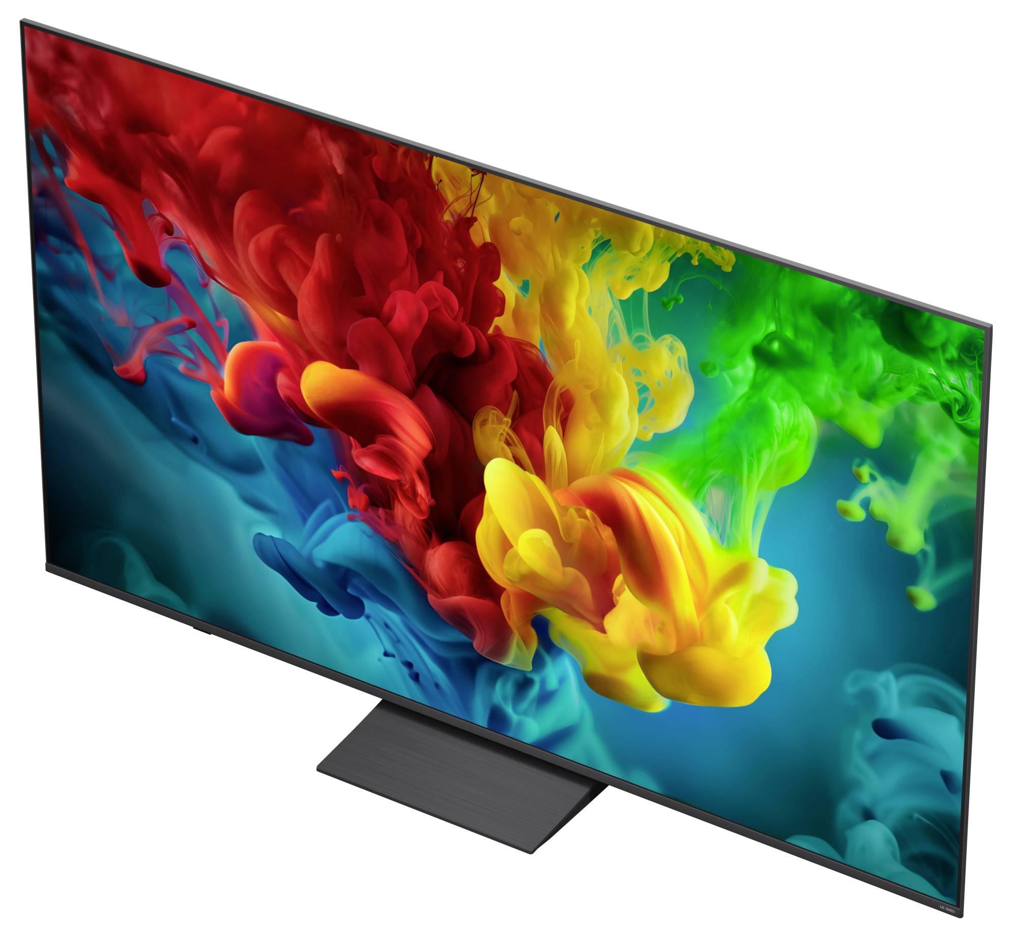 Een flat-screen tv die een kleurrijke abstracte inktspat-afbeelding op een witte achtergrond weergeeft.