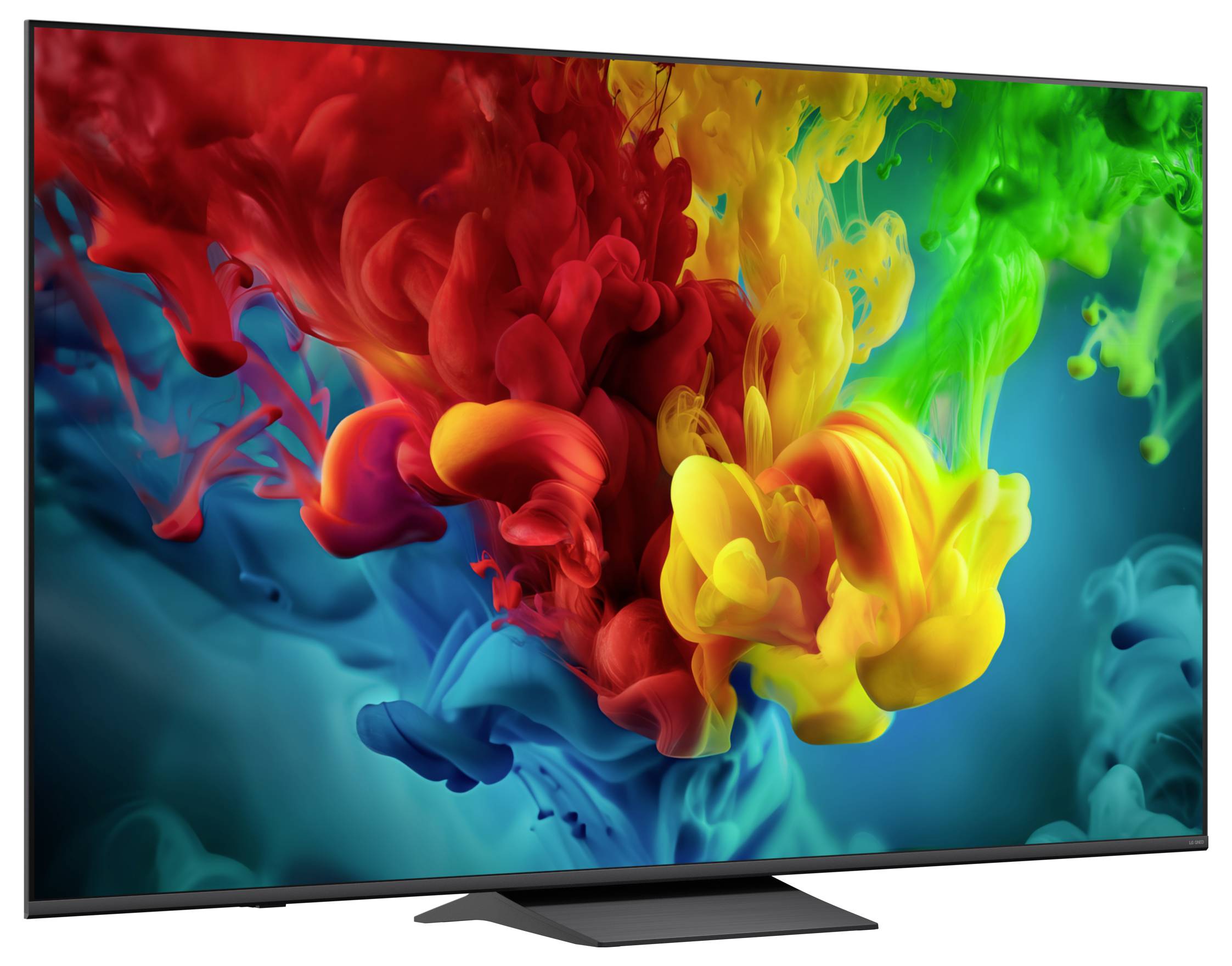 Een platte televisie waarop een levendig abstract spiraalpatroon van rode, gele, groene en blauwe inktachtige kleuren op een donkere achtergrond wordt weergegeven.