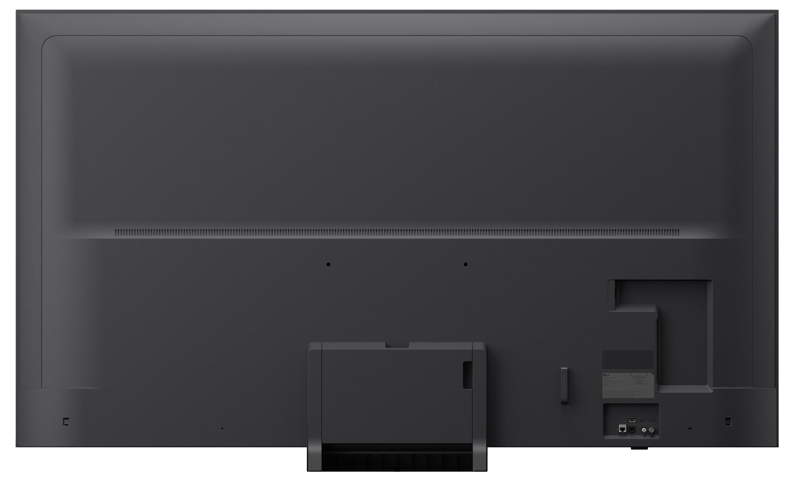 Achteraanzicht van een flatscreen-tv met centraal standaard, met zichtbare poorten en kabelverbindingen bij de rechterkant onderaan.