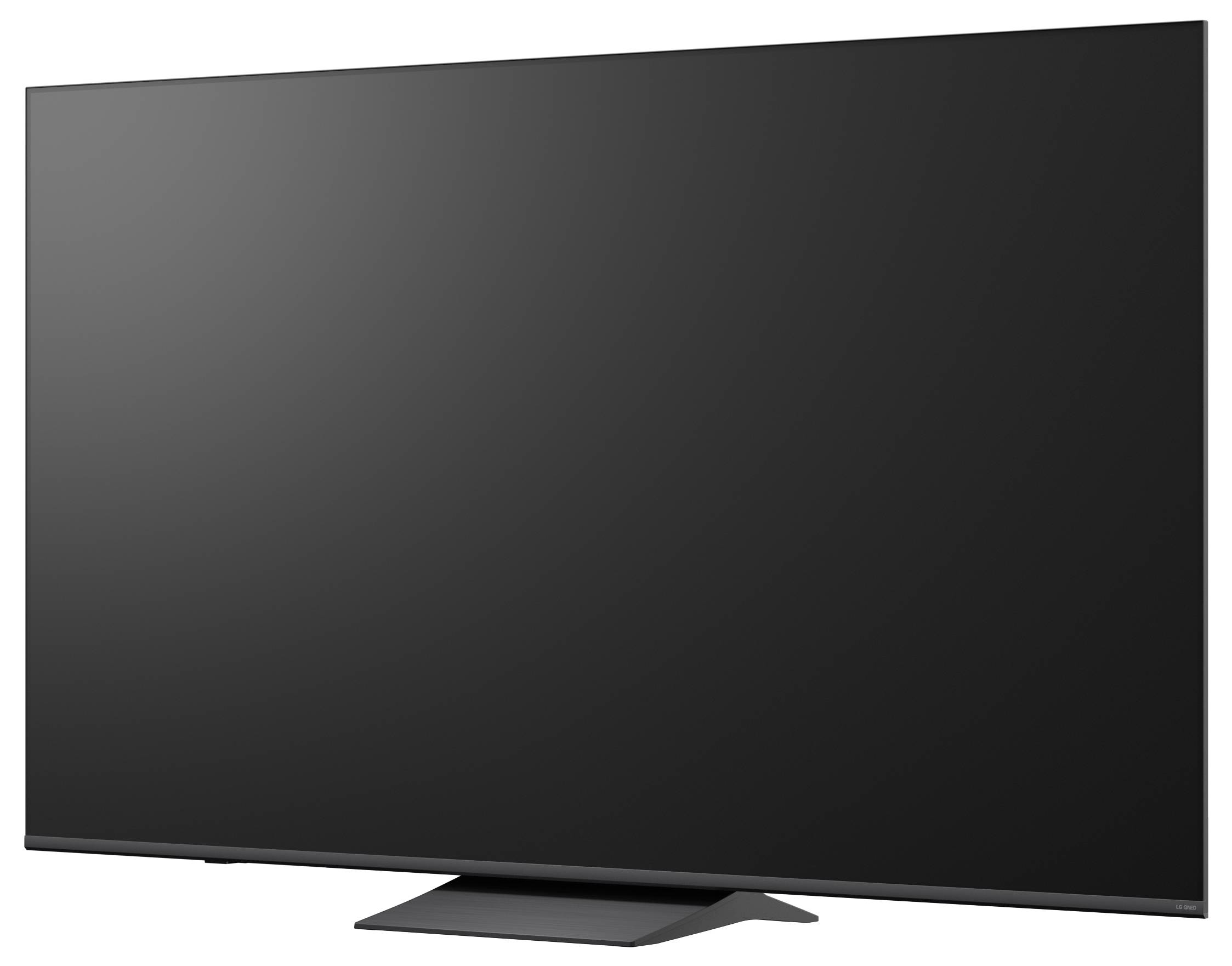 Grote zwarte flatscreen-televisie op een standaard, weergegeven onder een lichte hoek tegen een witte achtergrond.
