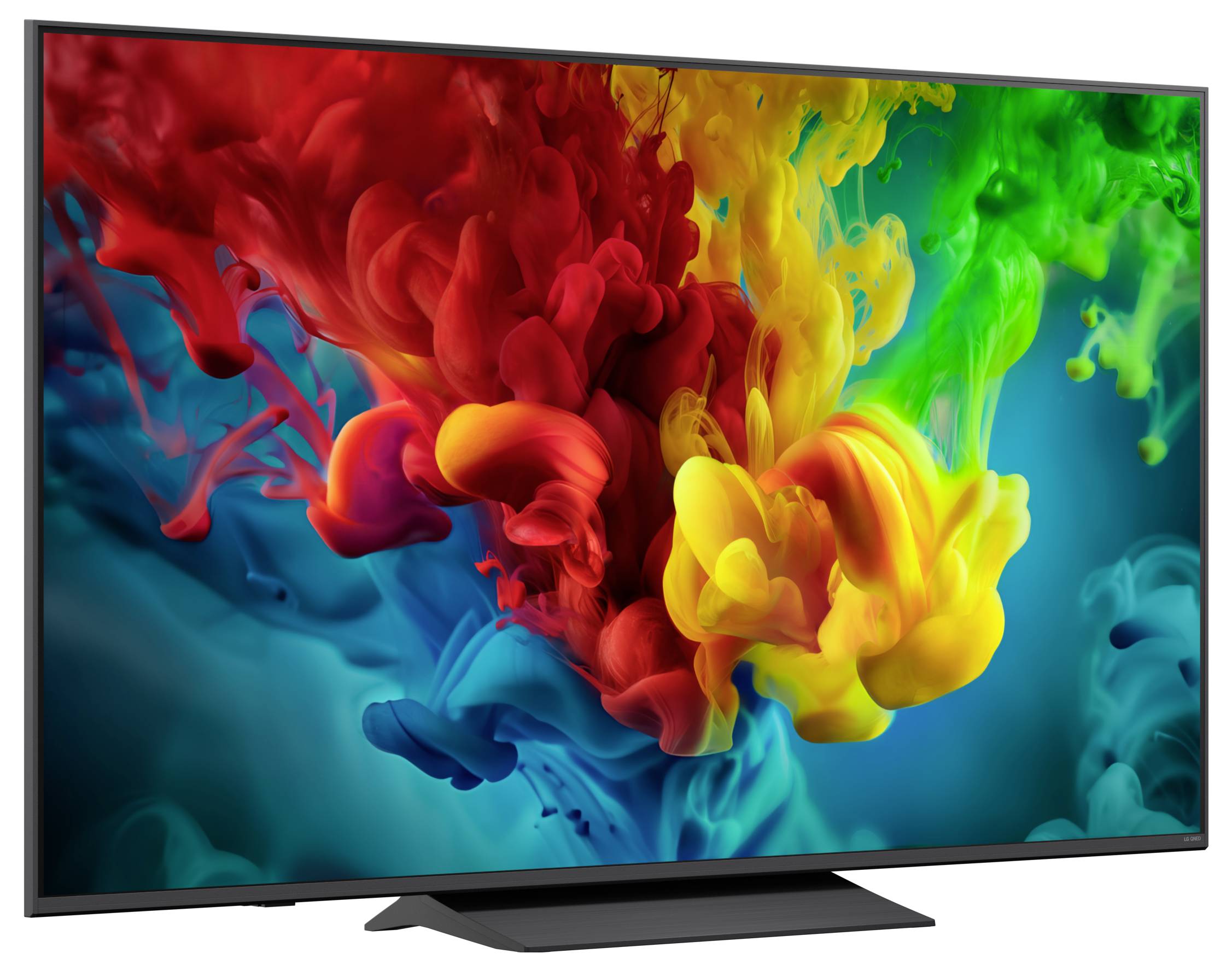 Flatscreen-tv die levendige abstracte wervelingen van rood, geel, groen en blauw rooksachtige kleur op een donkere achtergrond weergeeft.