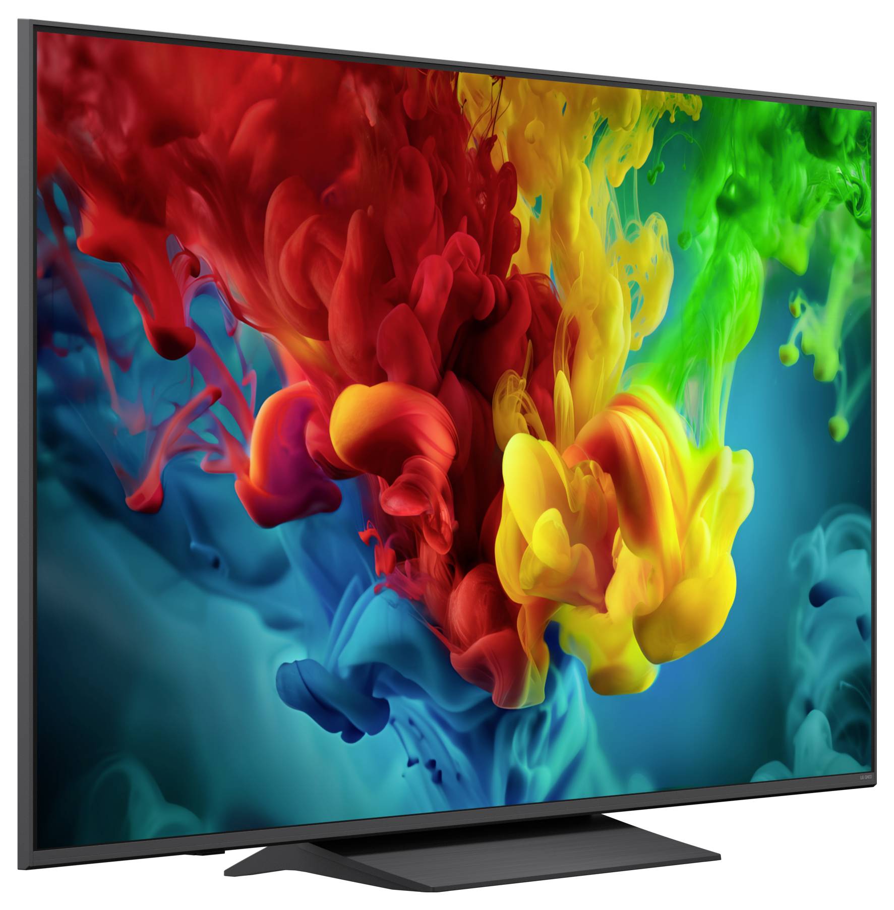 Flat-screen tv met kleurrijke abstracte wervelingen van rood, geel, groen en blauw op een donkere achtergrond.
