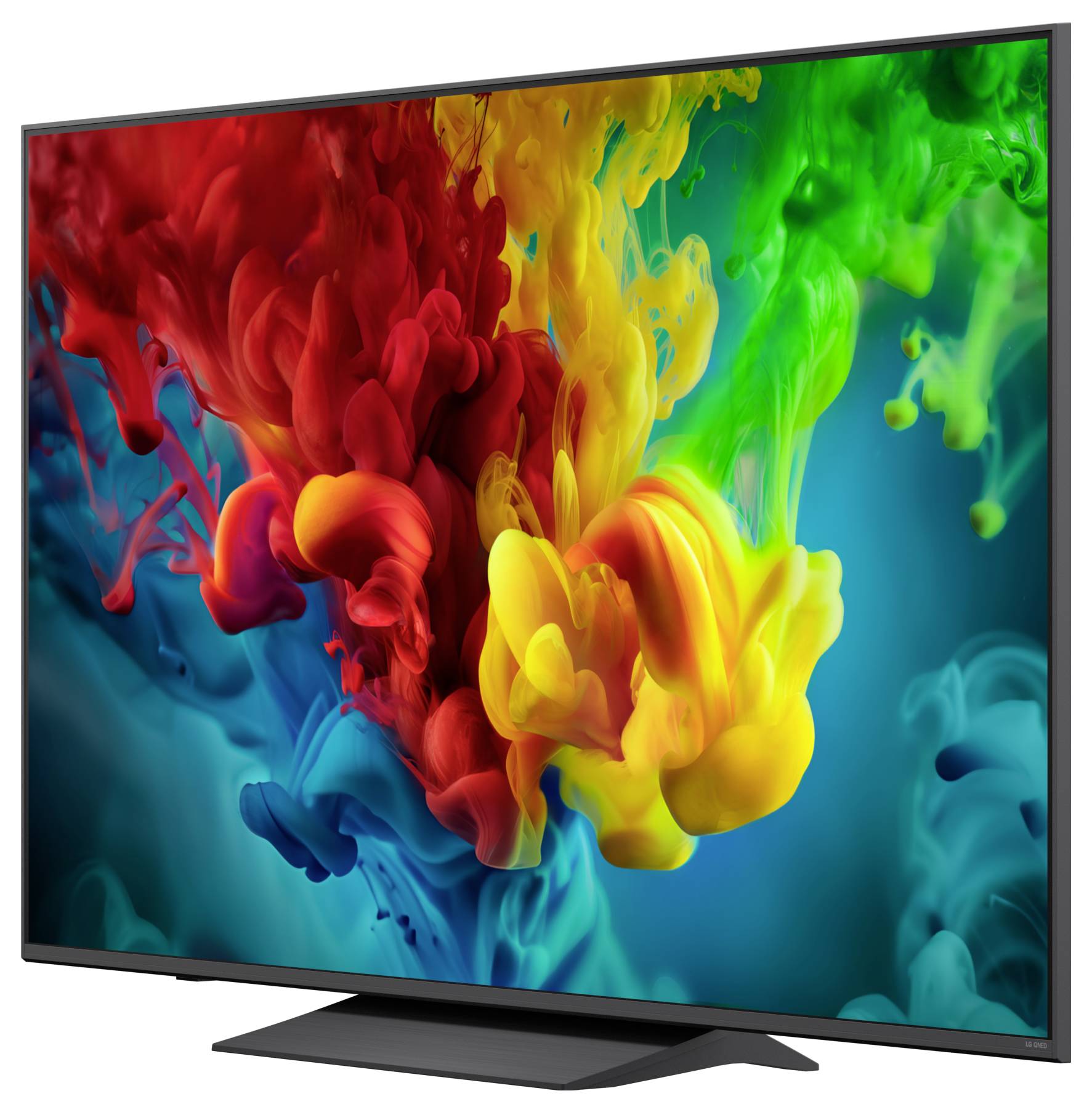 Flatscreen televisie met kleurrijke rode, gele, groene en blauwe abstracte inktvolken op een blauwe achtergrond.