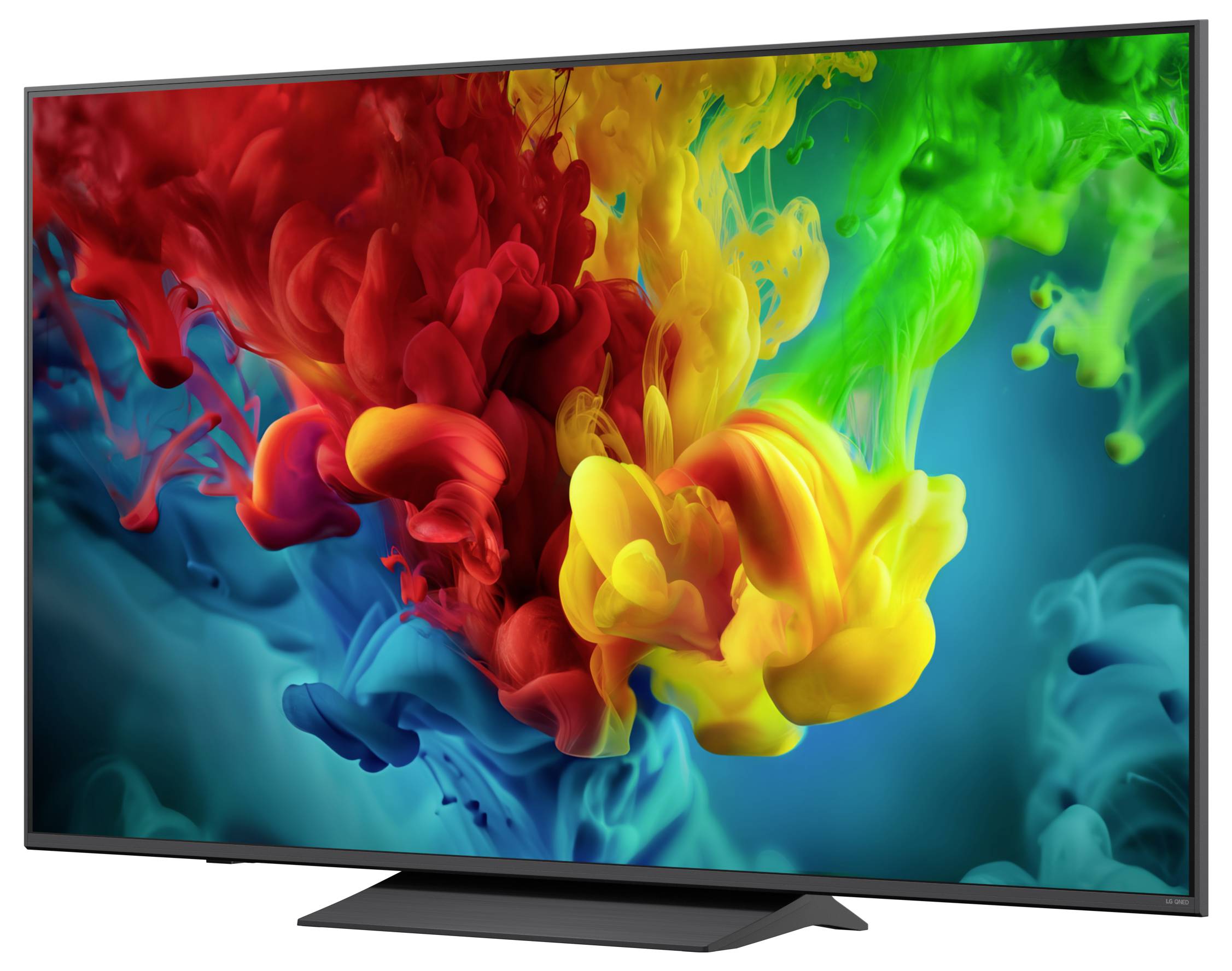 Flatscreen-tv met een levendige abstracte verfspattende voorstelling van rode, gele, groene en blauwe verf op een donkere achtergrond.