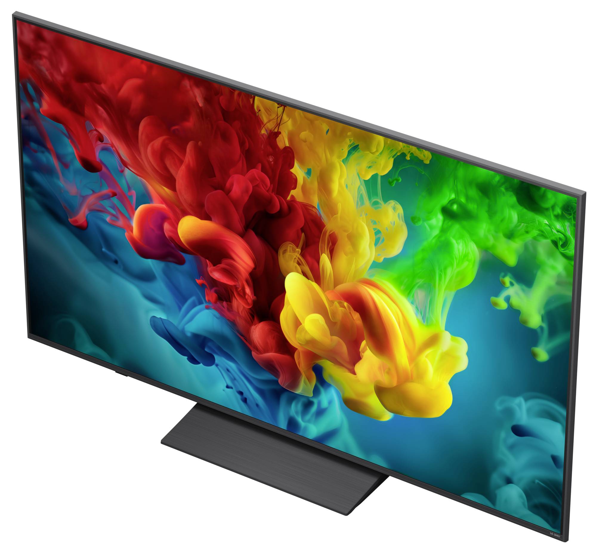Flatscreen-tv met kleurrijke wervelende verfachtige abstracte afbeeldingen op een witte achtergrond.