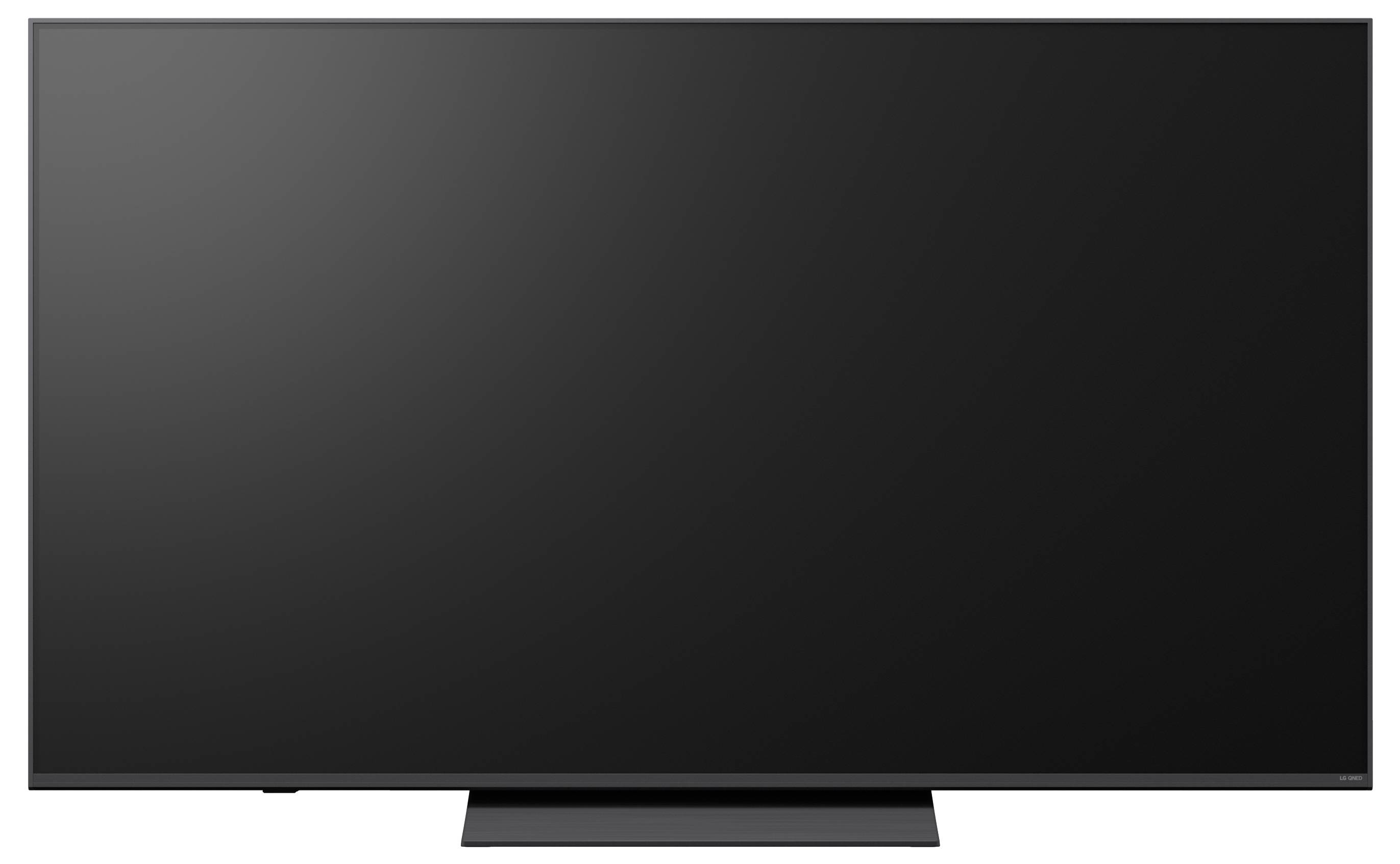 Een blanco flatscreen-tv of monitor met een donker, uitgeschakeld display op een standaard.