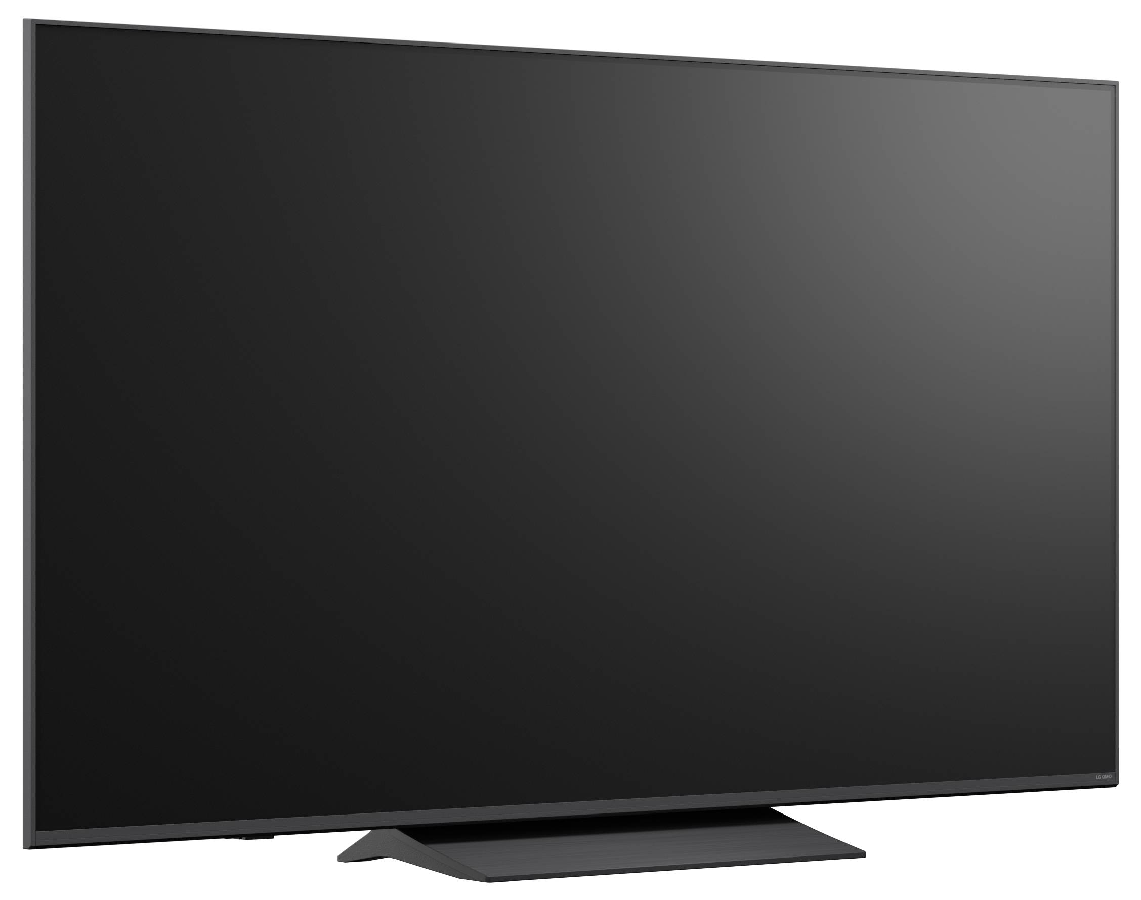 Een grote flatscreen-televisie met een leeg zwart scherm op een standaard.