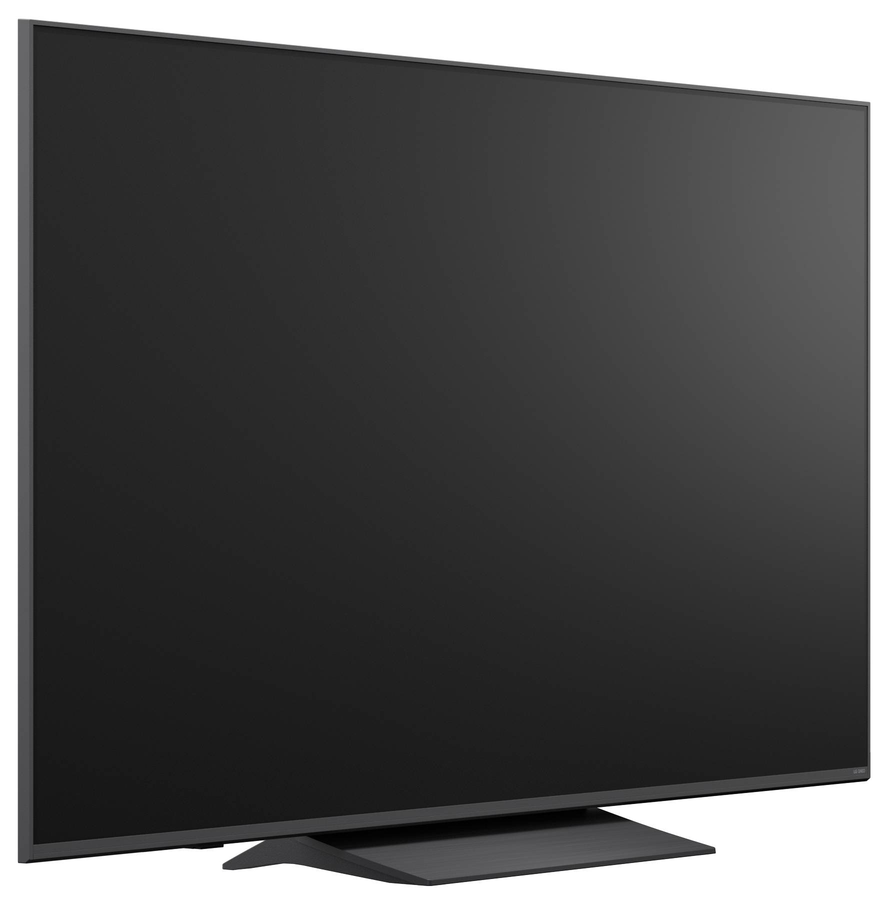 Een flat-screen televisie met een zwart leeg scherm op een standaard, weergegeven tegen een witte achtergrond.