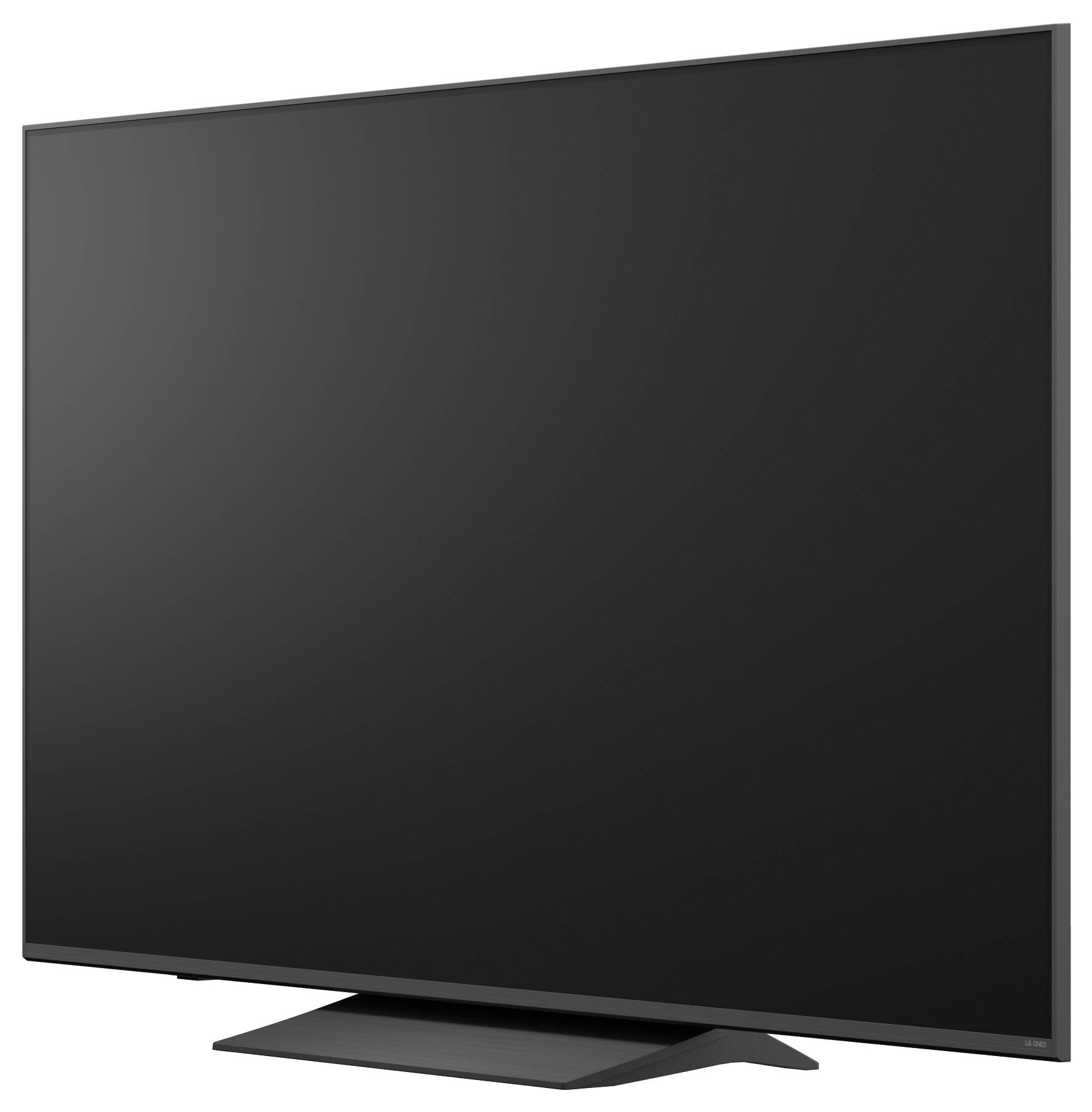 Grote zwarte flatscreen-tv op een standaard, onder een hoek weergegeven tegen een effen witte achtergrond.