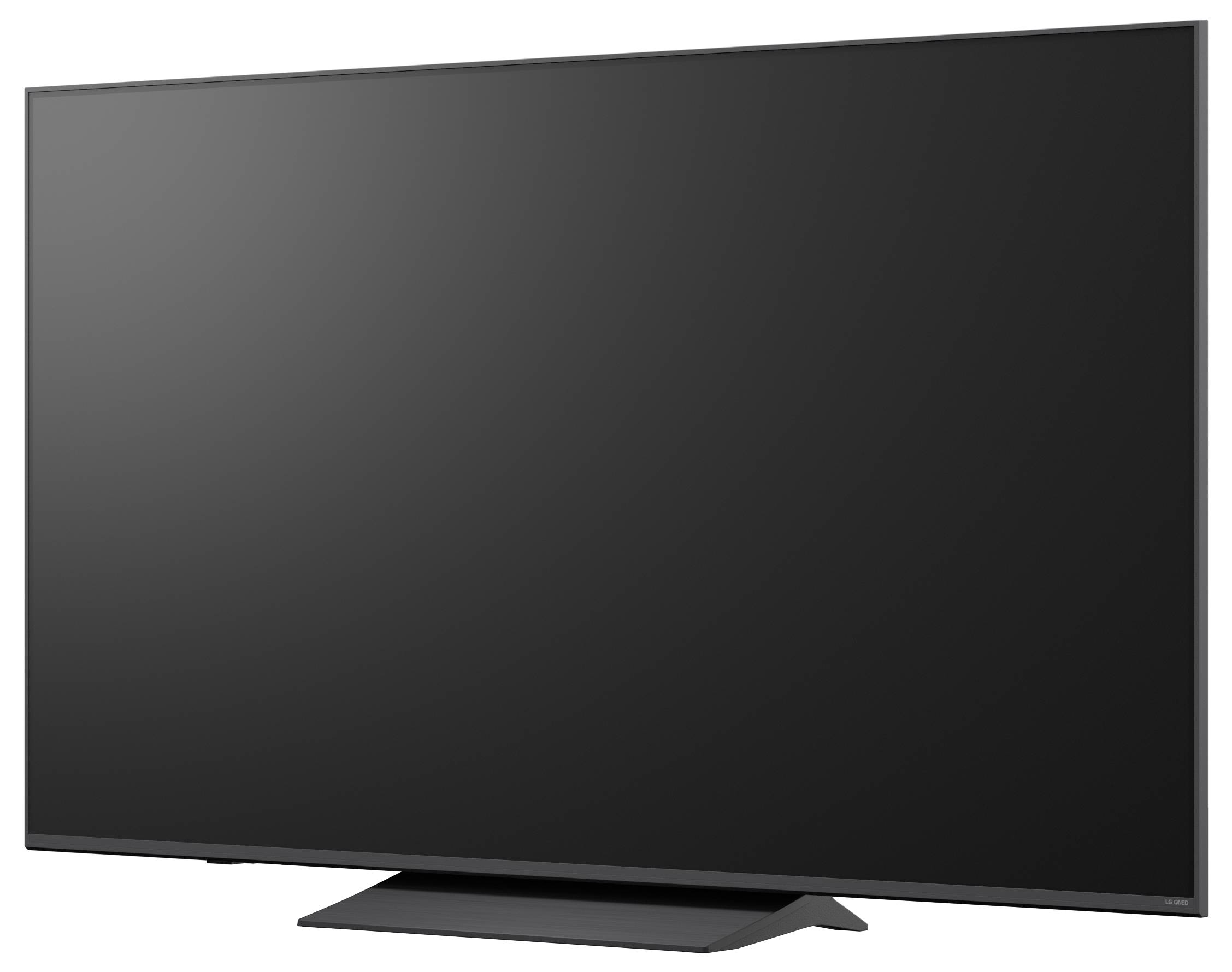 Een flatscreen-televisie met een zwart scherm op een standaard, weergegeven tegen een witte achtergrond.