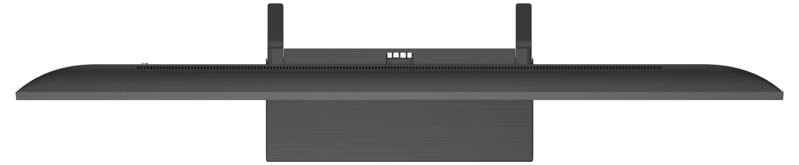 Zijkant van een zwarte flatscreen-tv met een brede voet en twee antennes bovenop.