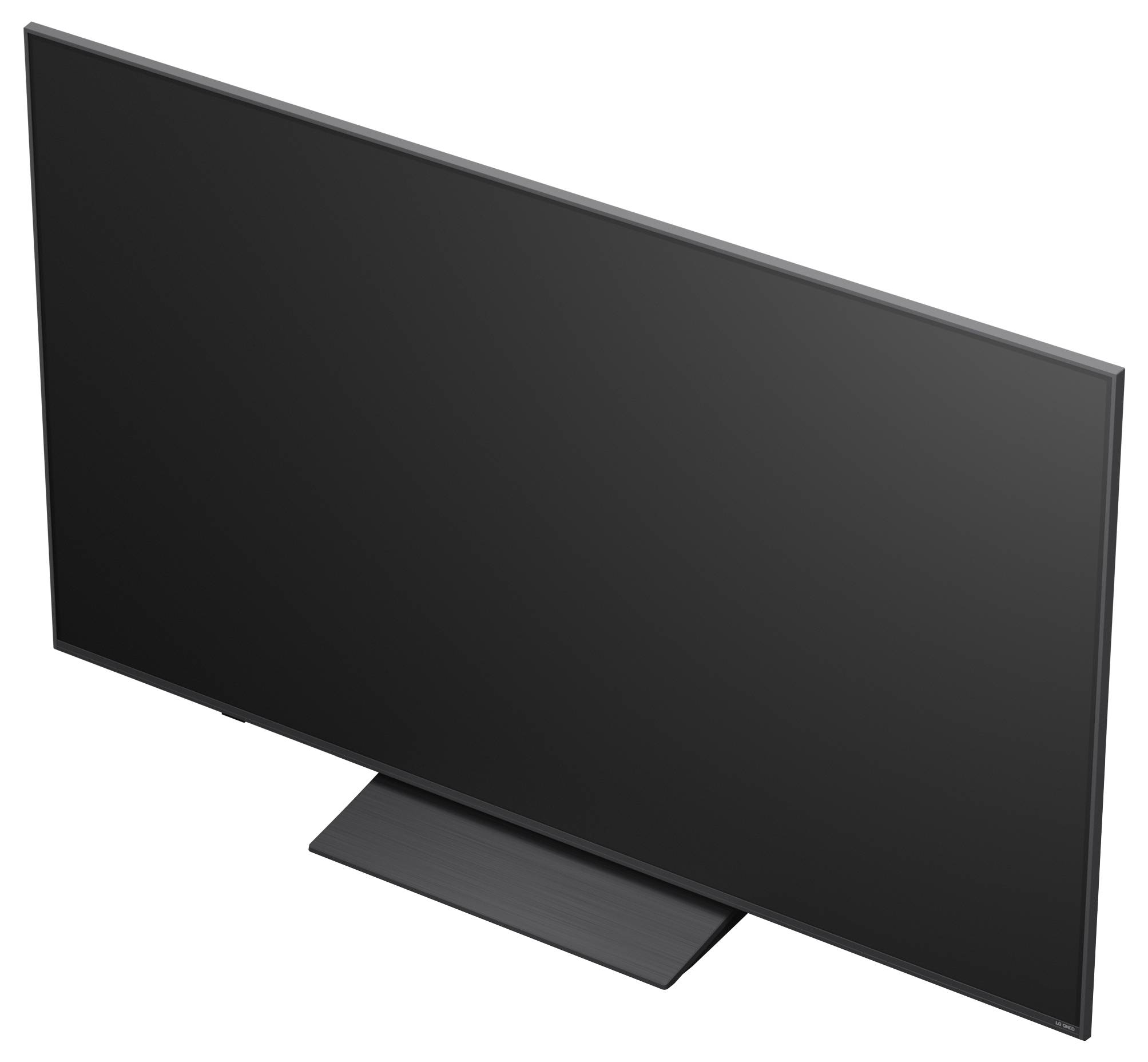 Flatscreentelevisle op een standaard, weergegeven in een frontale productweergave op een witte achtergrond.
