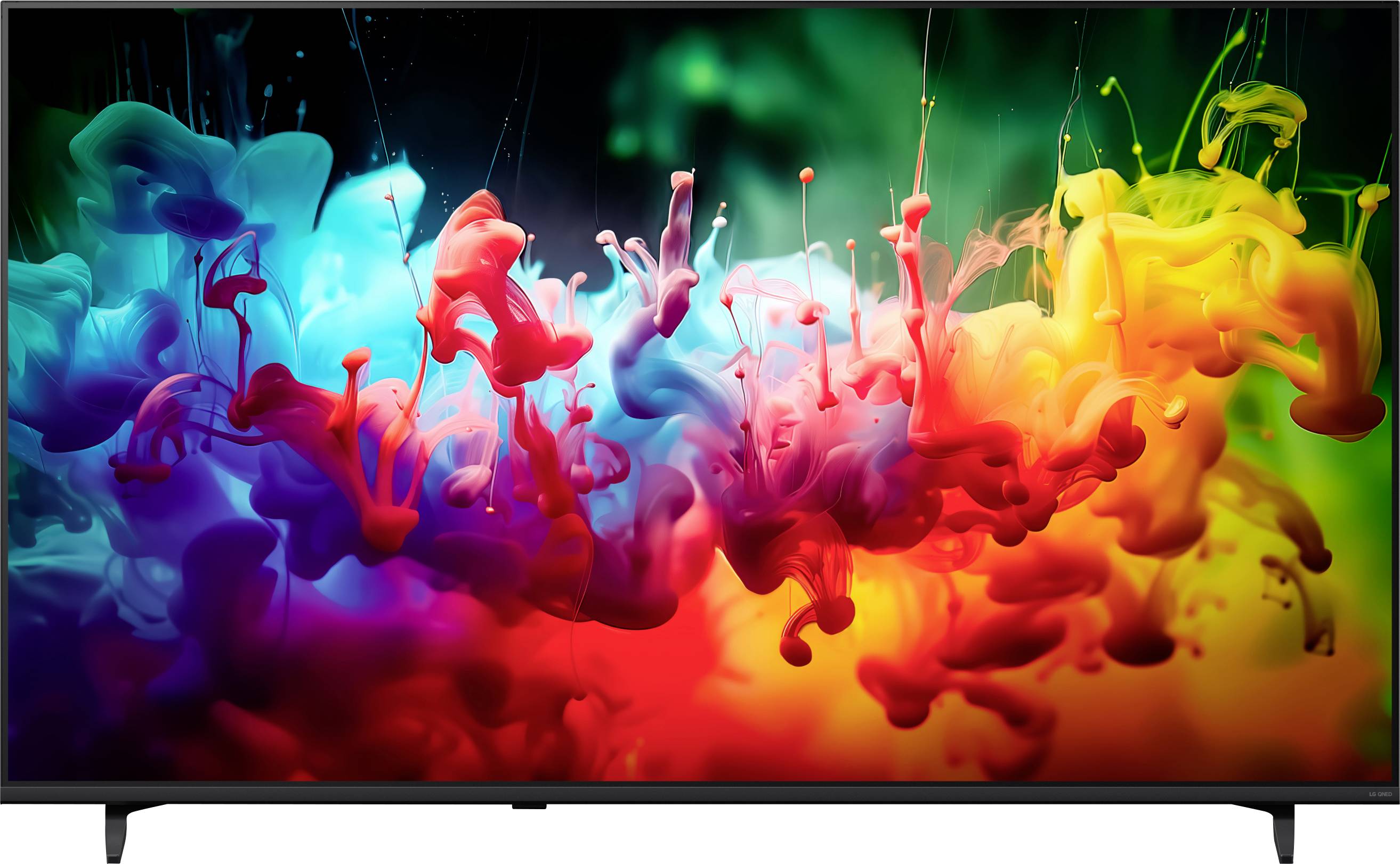 TV-scherm met abstract, kleurig inktachtig wervelpatroon dat verloopt van blauw en roze naar geel en oranje op een donkere achtergrond.