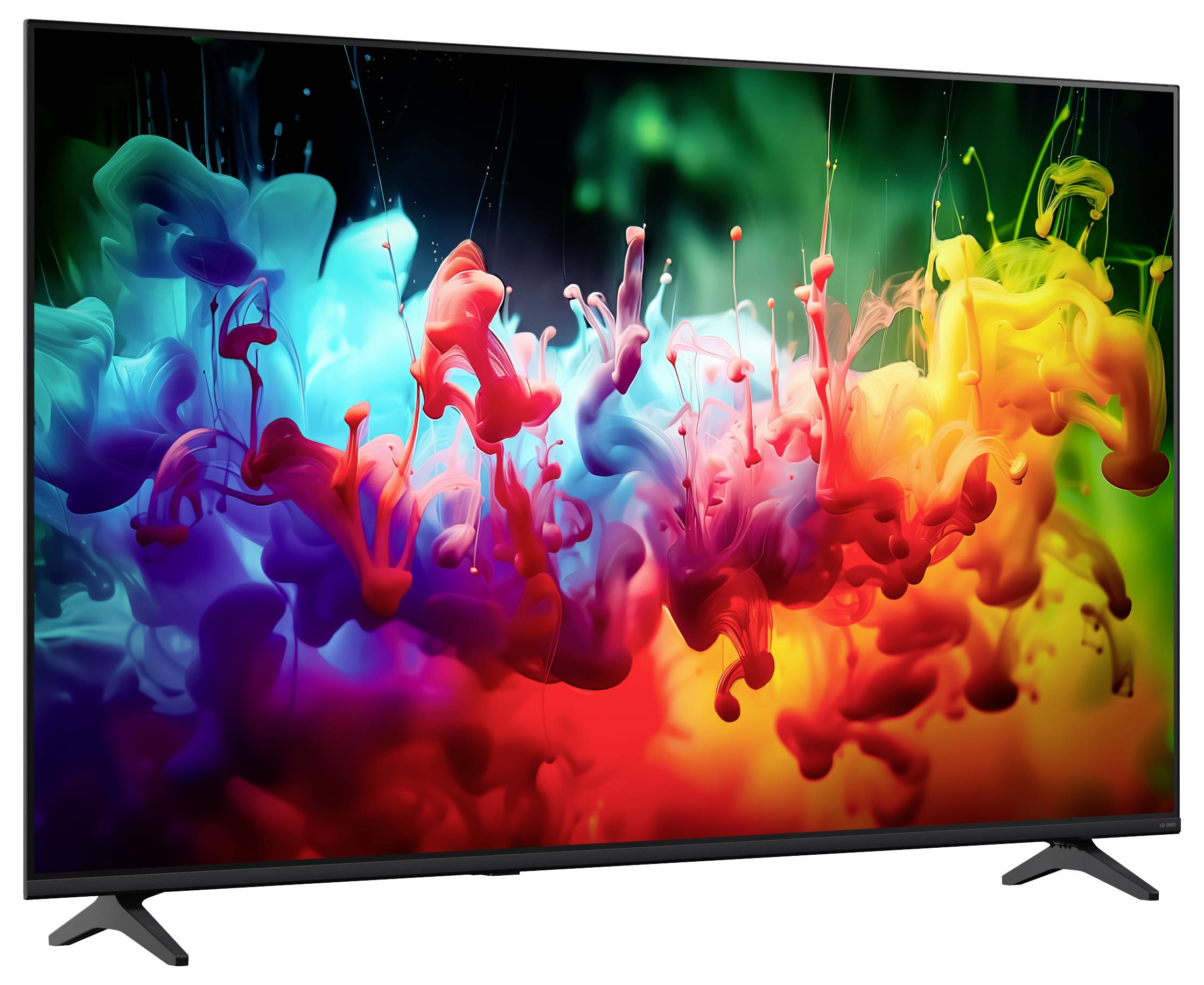 Flatscreen-tv die een levendige abstracte plons van gekleurde vloeistofverf op een zwarte achtergrond weergeeft.