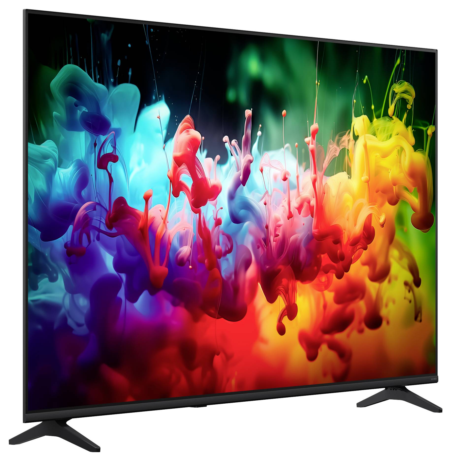 Flat-screen televisie met een kleurrijke abstracte inktspat-afbeelding op een zwart scherm, met twee standpoten zichtbaar op een witte achtergrond.