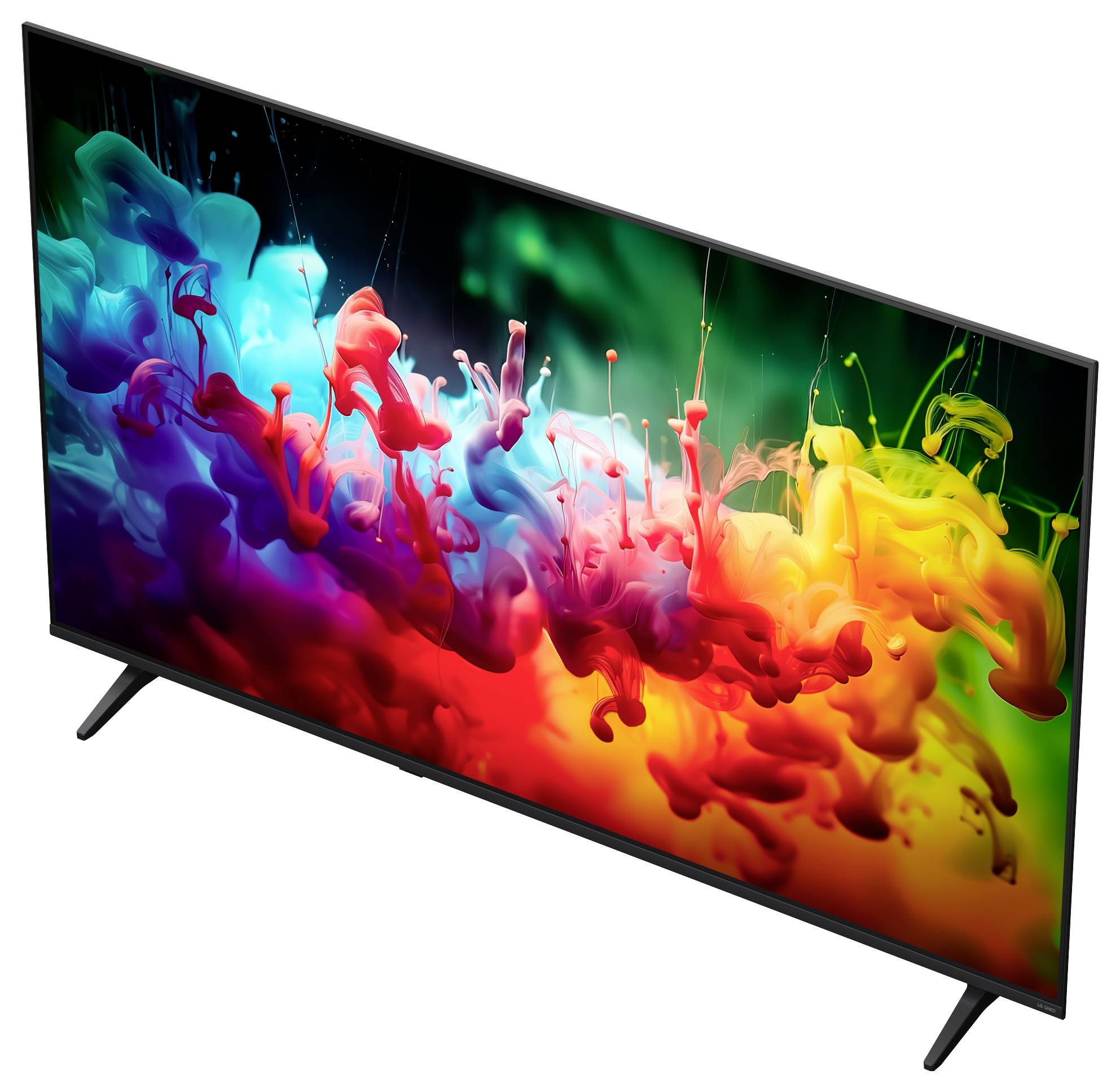 Slanke flatscreen-tv met een levendige, kleurrijke abstract verfspat-afbeelding op een witte achtergrond.