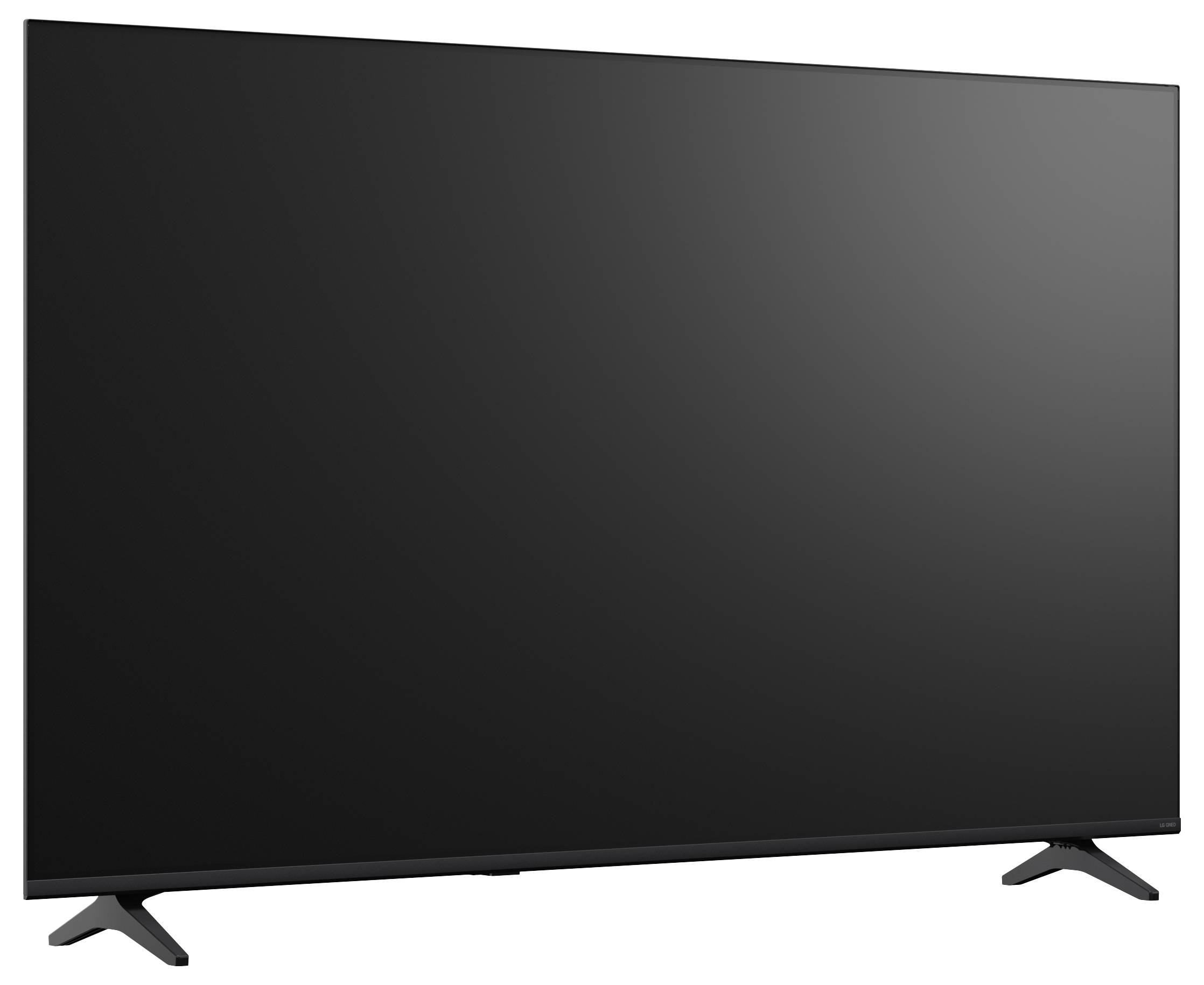 Grote zwarte flatscreen-televisie op een witte achtergrond, weergegeven in een schuin vooraanzicht met twee standaarden.