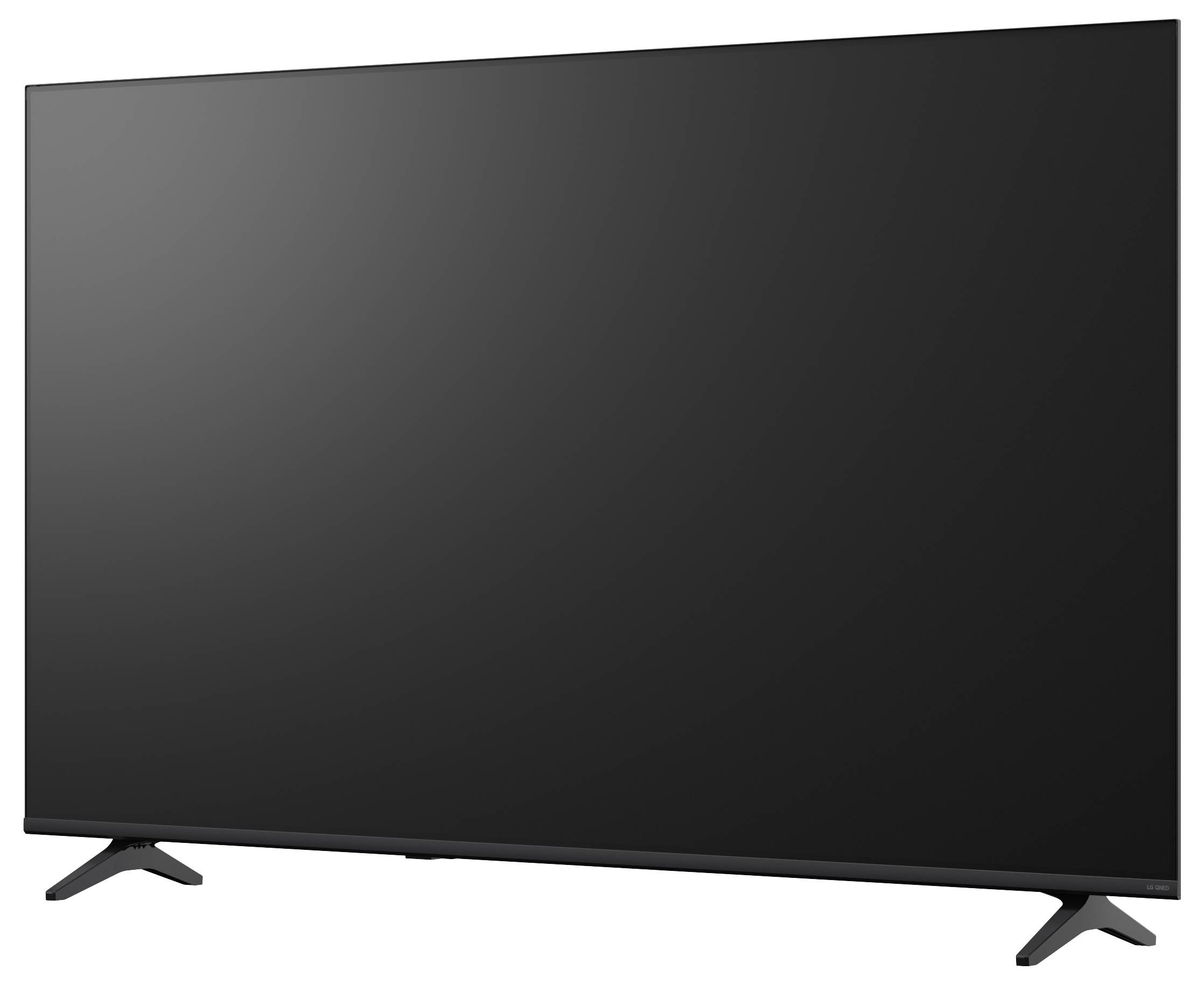 Zwarte flatscreen televisie op twee gekantelde standaardpoten, weergegeven tegen een witte achtergrond.