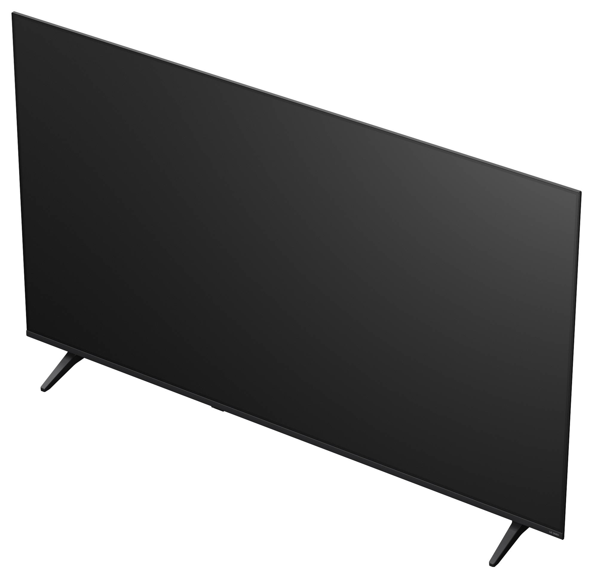 Zwart flatscreen televisietoestel op twee schuine standpoten, afgebeeld tegen een witte achtergrond.