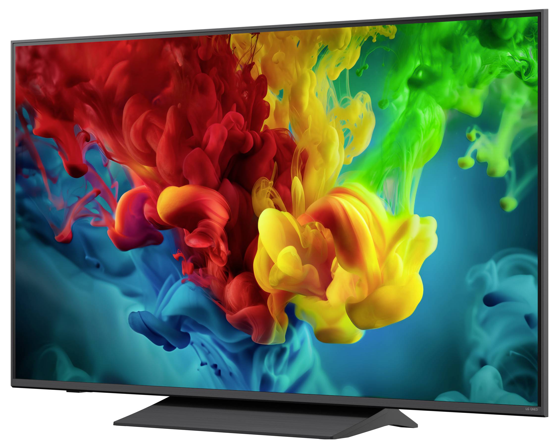 Flat-screen televisie met een levendige abstracte uitbarsting van rode, gele, groene en blauwe inktachtige kleurenswolken op een donkere achtergrond.