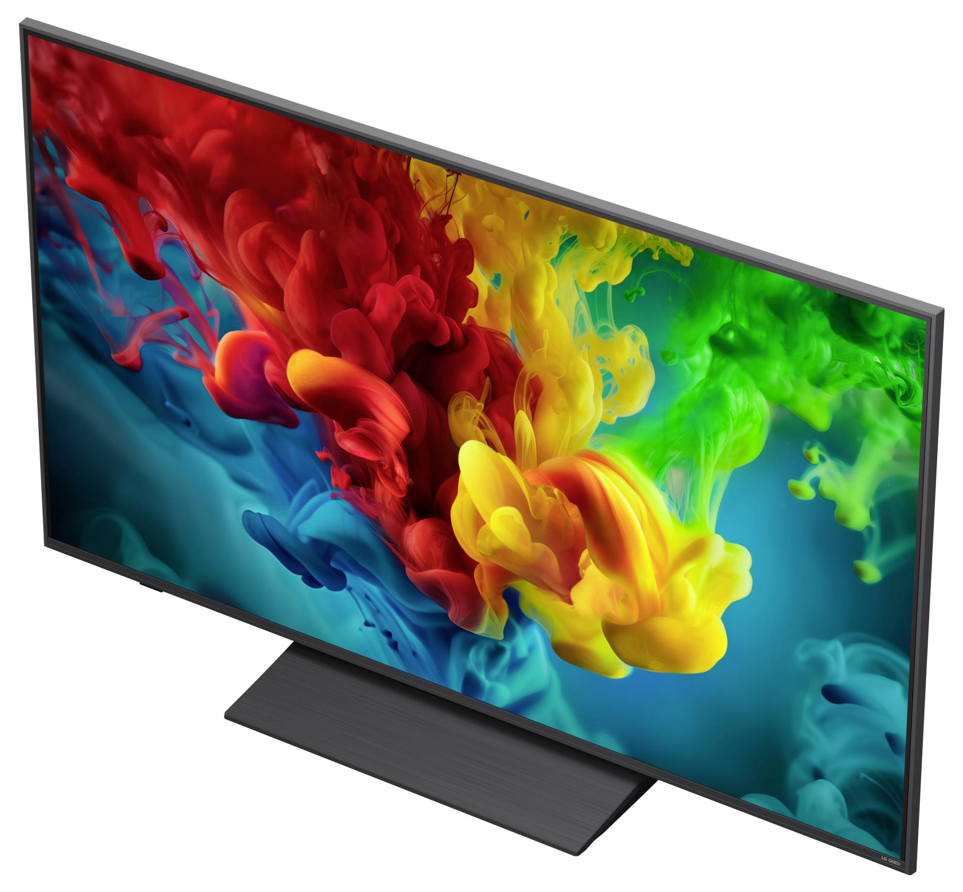 Flatscreen-tv op standaard met heldere abstracte rode, gele, groene en blauwe kleurkrullen