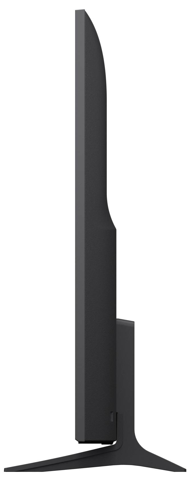 Zijkant van een slanke zwarte flat-screen TV op een T-vormige standaard, met duidelijk zicht op het profiel en de basis.