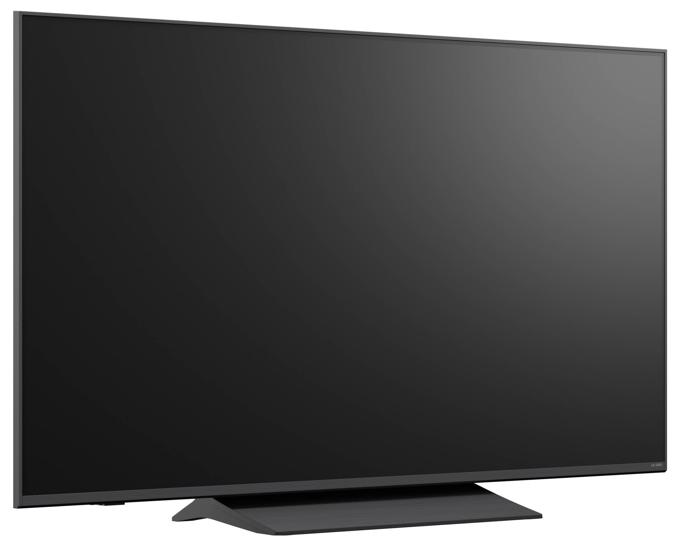 Vlakke televisie met zwart leeg scherm op een standaard, weergegeven tegen een witte achtergrond.
