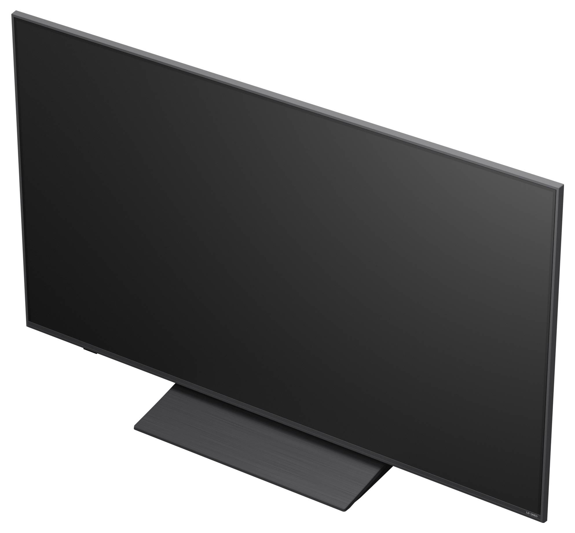 Zwarte flatscreen televisie op een standaard, weergegeven onder een hoek op een witte achtergrond.