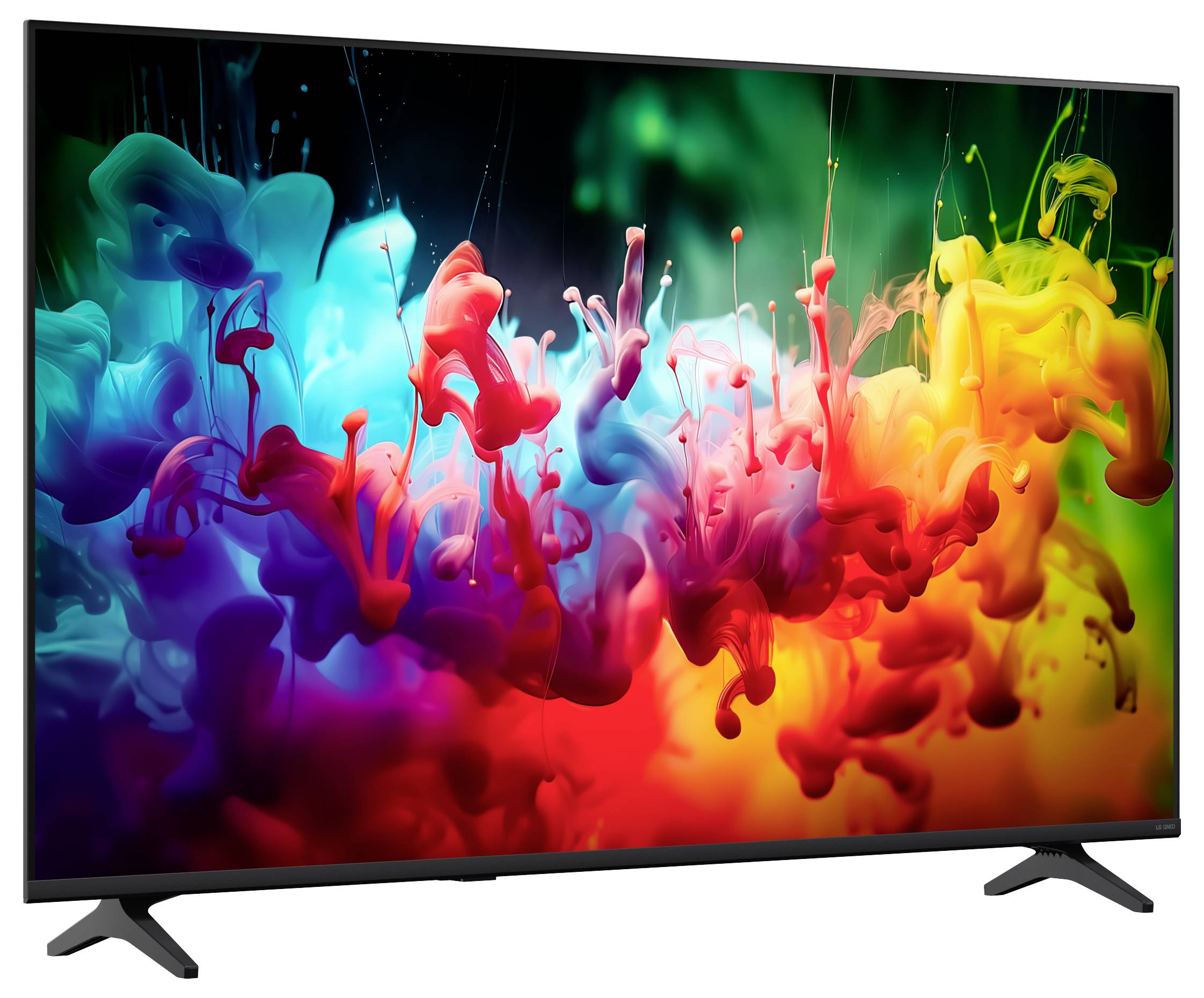 Flatscreen televisie die kleurrijke abstracte inktachtige wervelingen in blauw, roze, rood, oranje en groen op een zwarte achtergrond weergeeft.