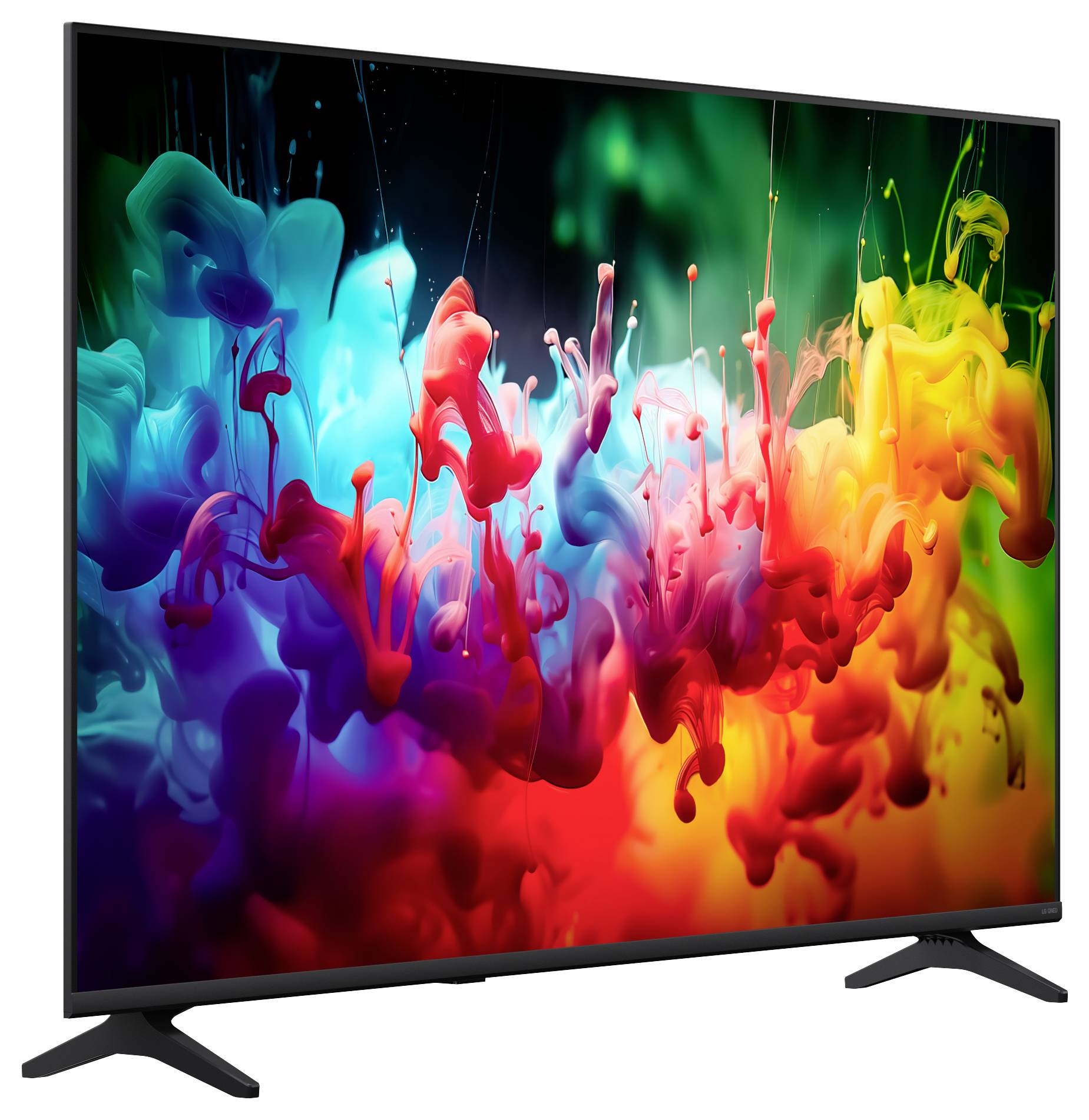 Een flatscreen-tv die een levendige abstracte regenboogkleurige inktopspattting op een donkere achtergrond weergeeft, geplaatst op een standaard.