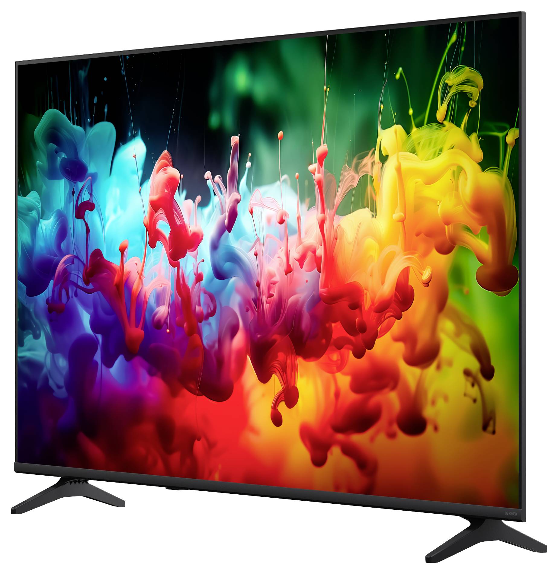 Flat-screen televisie met een levendige abstracte regenboog inktspray op een donkere achtergrond, weergegeven in driekwartaanzicht op een witte achtergrond.