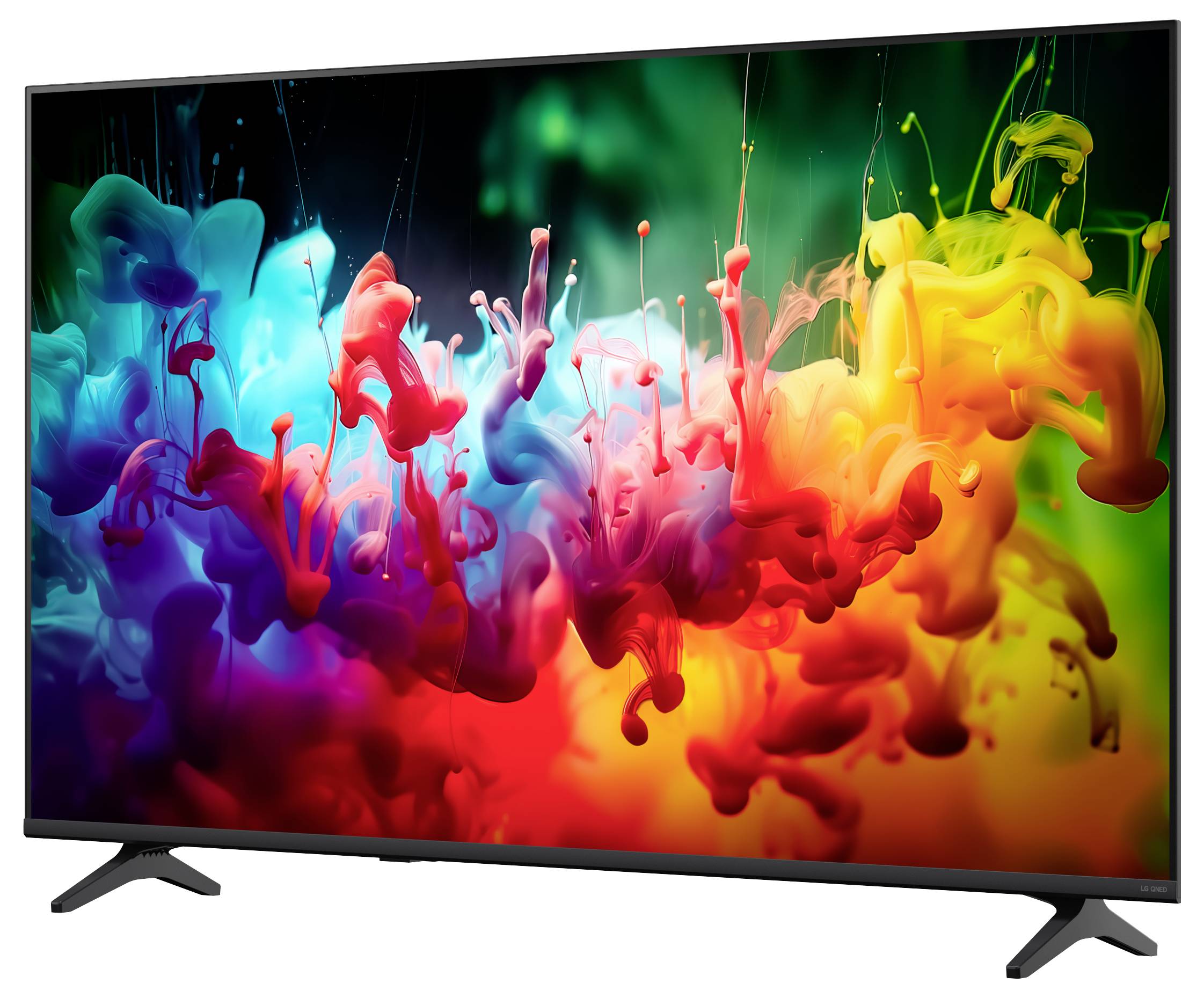 Flat-screen televisie met levendige abstracte gekleurde verfpluimen op een zwarte achtergrond.