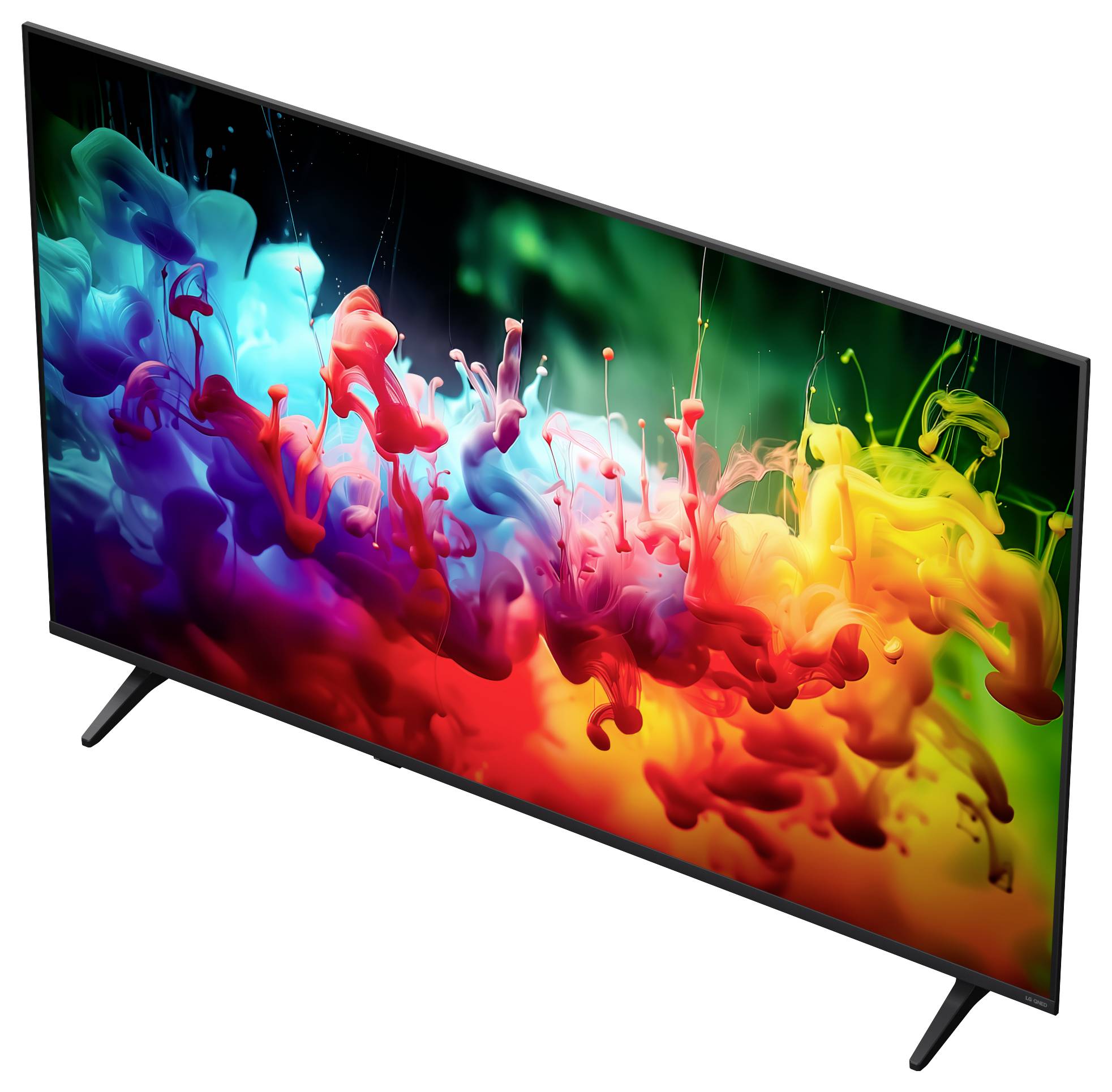 Grote flatscreen-televisie met een leeg zwart scherm op een standaard, weergegeven in vooraanzicht tegen een witte achtergrond.